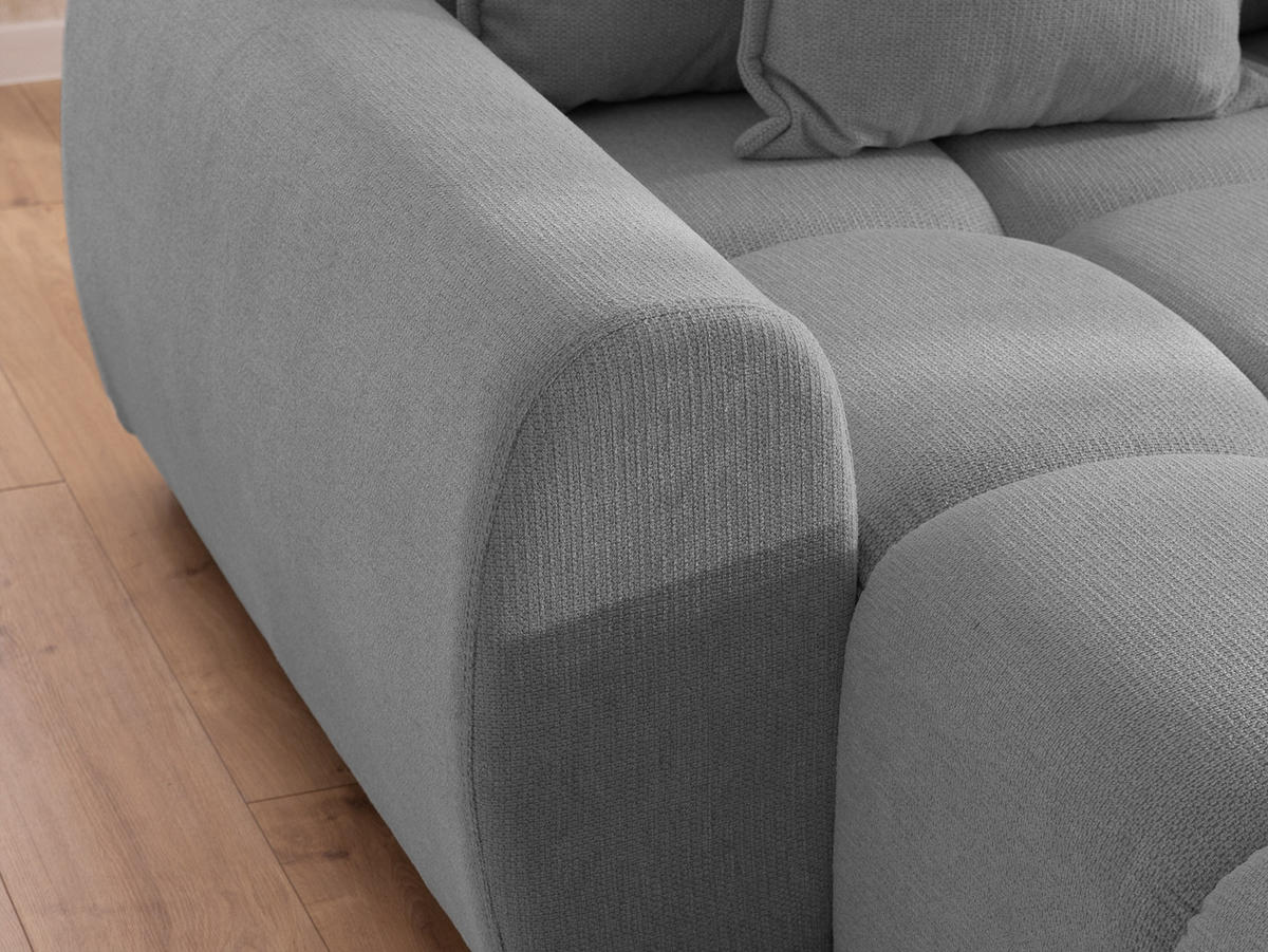 ECKSOFA inkl. Hocker Bubble mit Schlaffunktion und losen Rückenkissen, Sitzfläche in Bubble-Optik aus weichem Grau Strukturstoff - Ottomane Links - Schwarz/Grau, Holz/Kunststoff (180/306cm) - S-Style Möbel