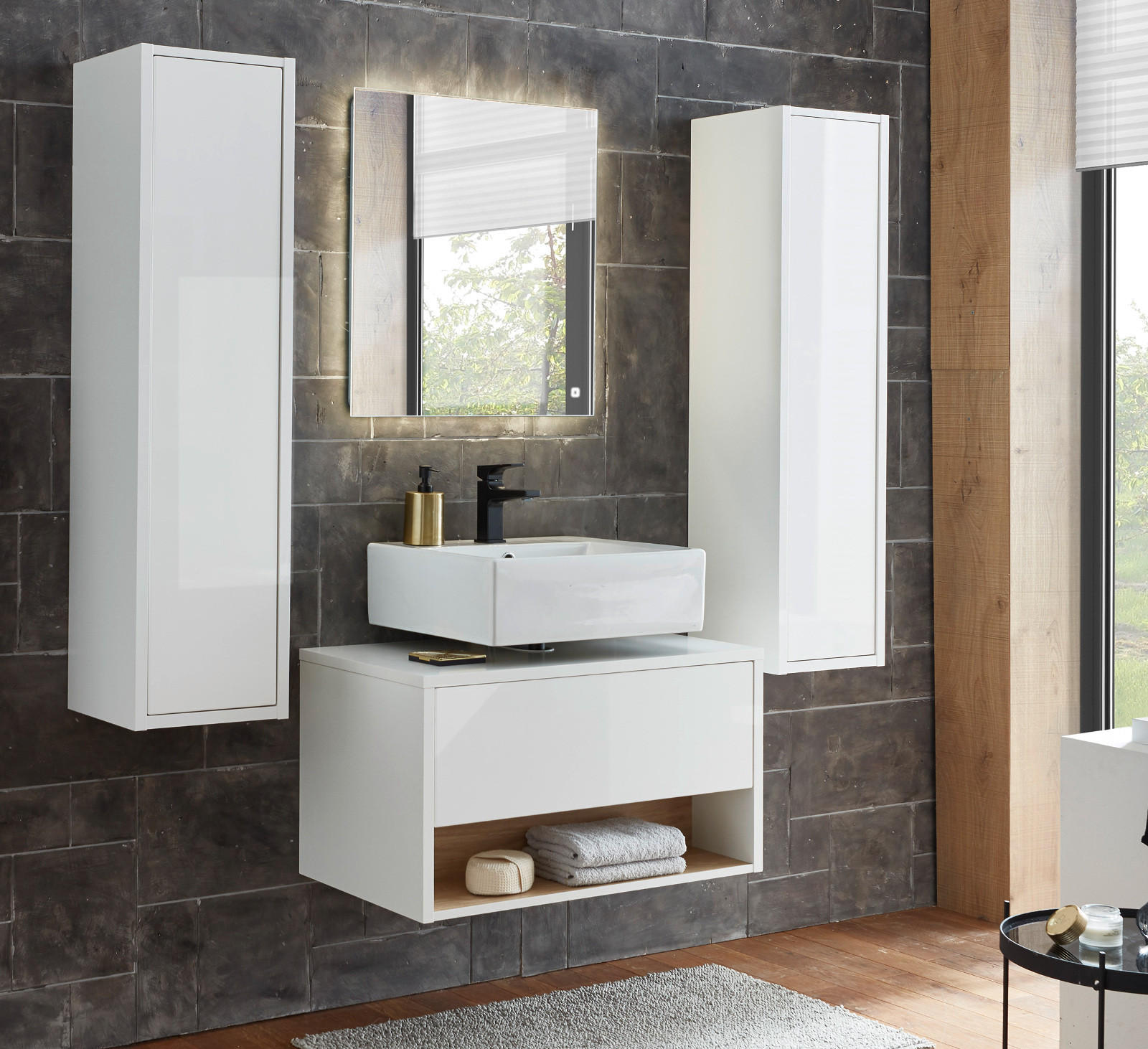 Thumbnail - Furn.Design Badmöbel-Set, Weiß Hochglanz, Eiche, Holzwerkstoff, Glas, Nachbildung,Eiche, Uni, 4 Fächer, 160x190x46 cm, F...