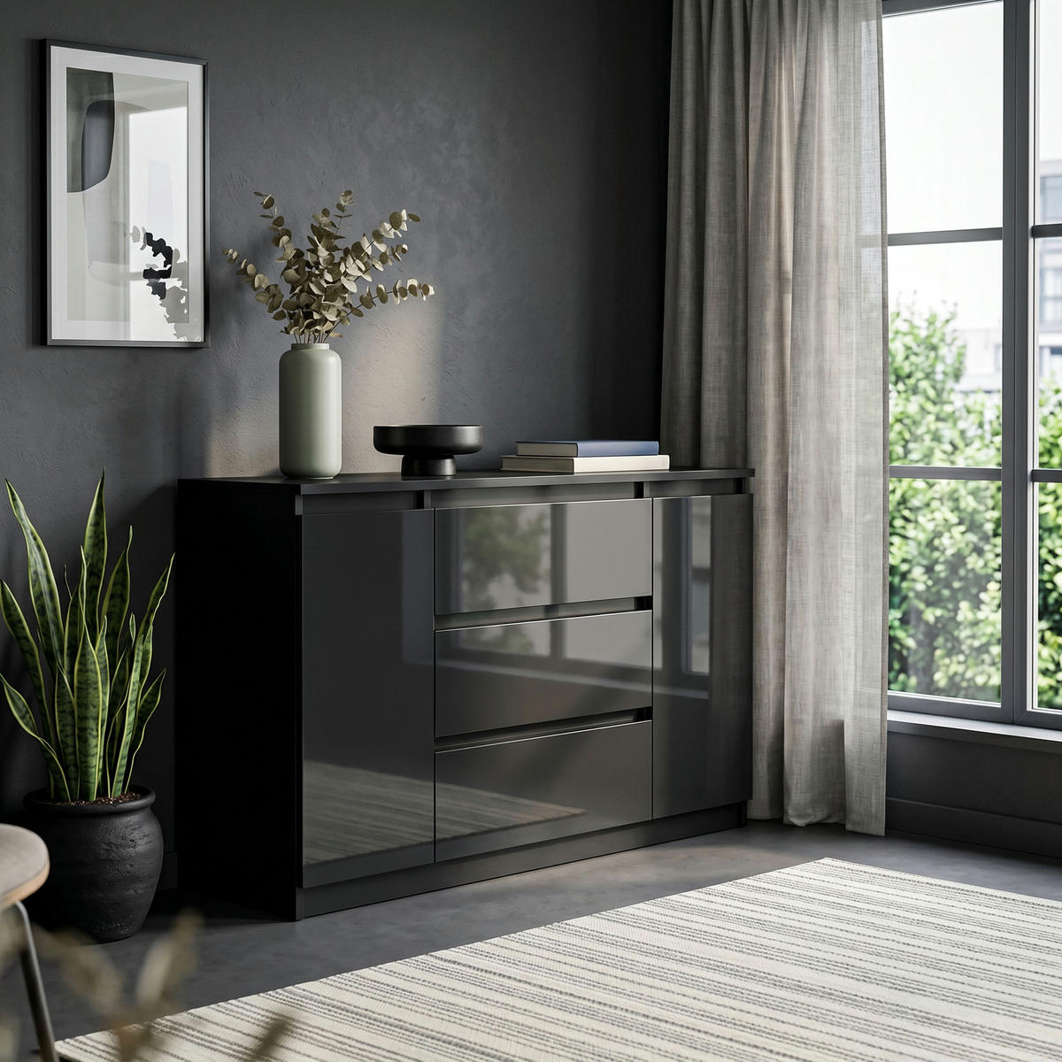 KOMMODE NUDO 120/78,5/39cm mit 3 Schubladen 2 Türen Schwarz - Schwarz Hochglanz/Schwarz, Holzwerkstoff (120/78.5/39cm) - MASSENO