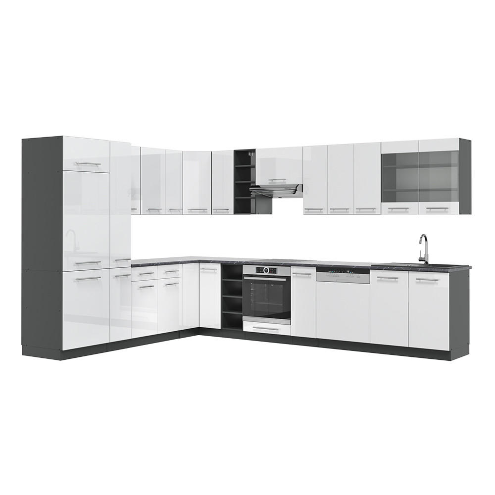 ECKKÜCHE Fame-Line Weiß Hochglanz/Anthrazit 347 x 257 cm, AP Anthrazit - Weiß Hochglanz/Anthrazit, Holzwerkstoff (347/81.6/60cm) - Vicco