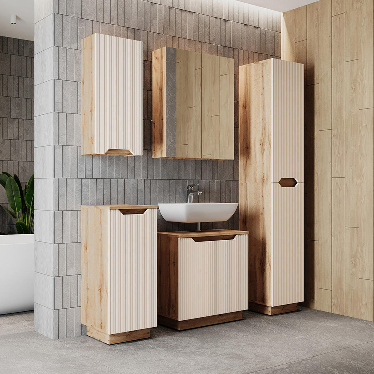 BADMÖBEL-SET Lotta Eiche/Kaschmir gestreift 5 Teile - Kaschmir/Eichefarben, Holzwerkstoff (59.8/62.1/32cm) - Vicco