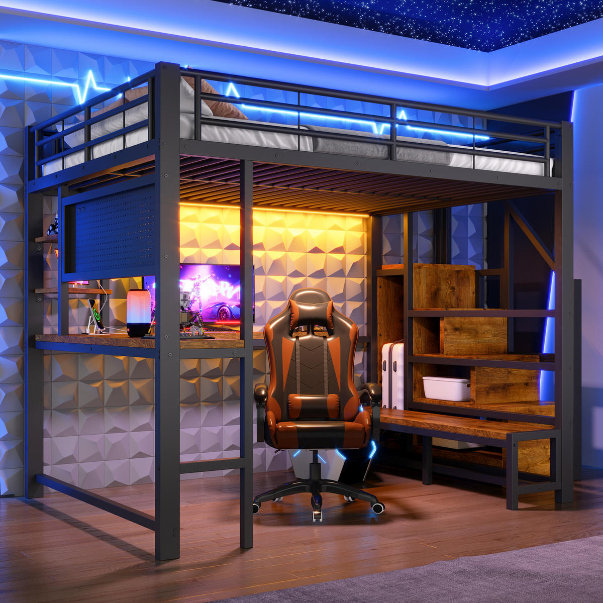 HOCHBETT 140/200 cm Schwarz mit Schreibtisch, trapezförmiger Schrank und LED-Beleuchtung - Schwarz, Metall (140/200cm) - Oxeza