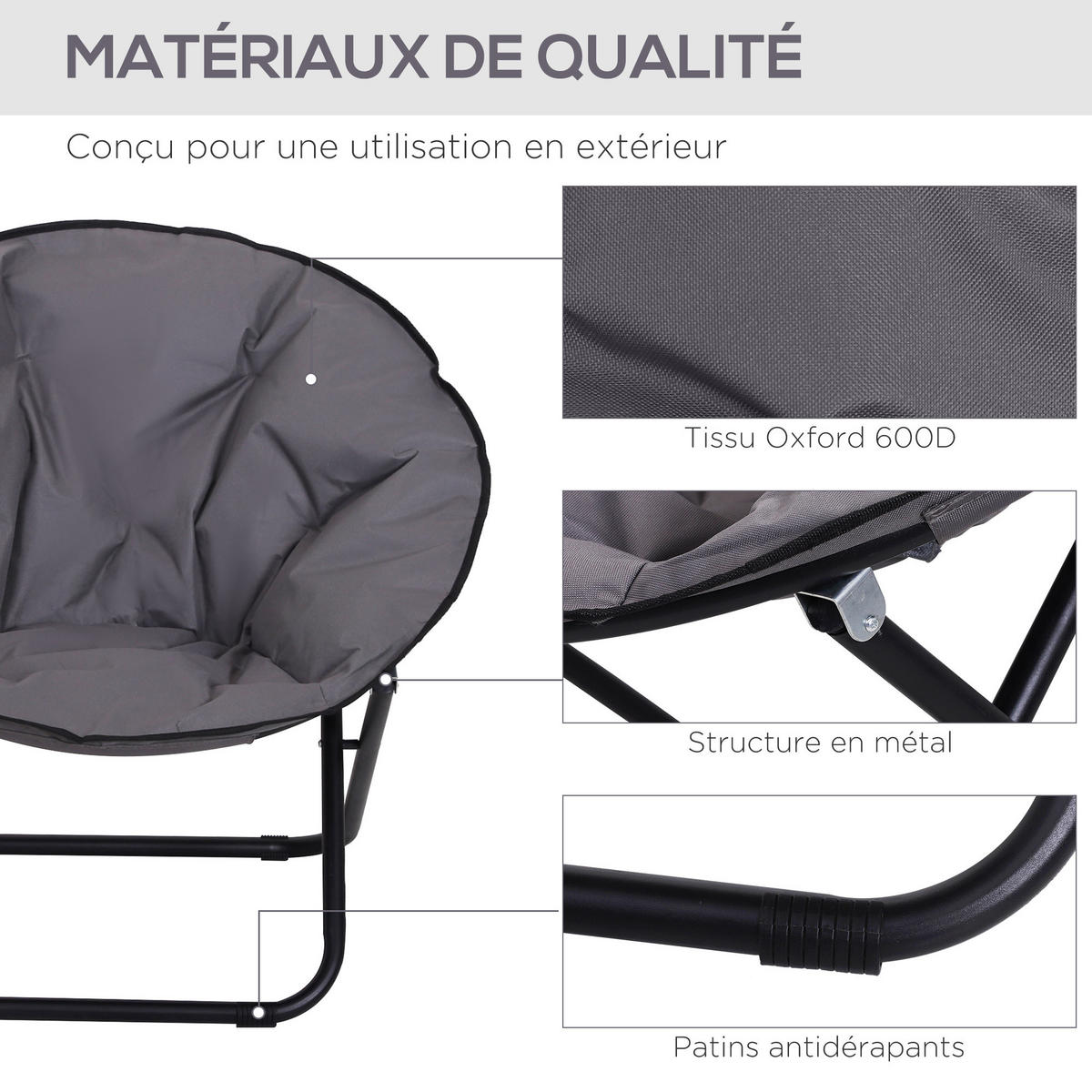 GARTENKLAPPSESSEL DE-17757 mit 600D Oxford-Kissen Grau - Grau, Metall (80/75/80cm) - ComfortXL