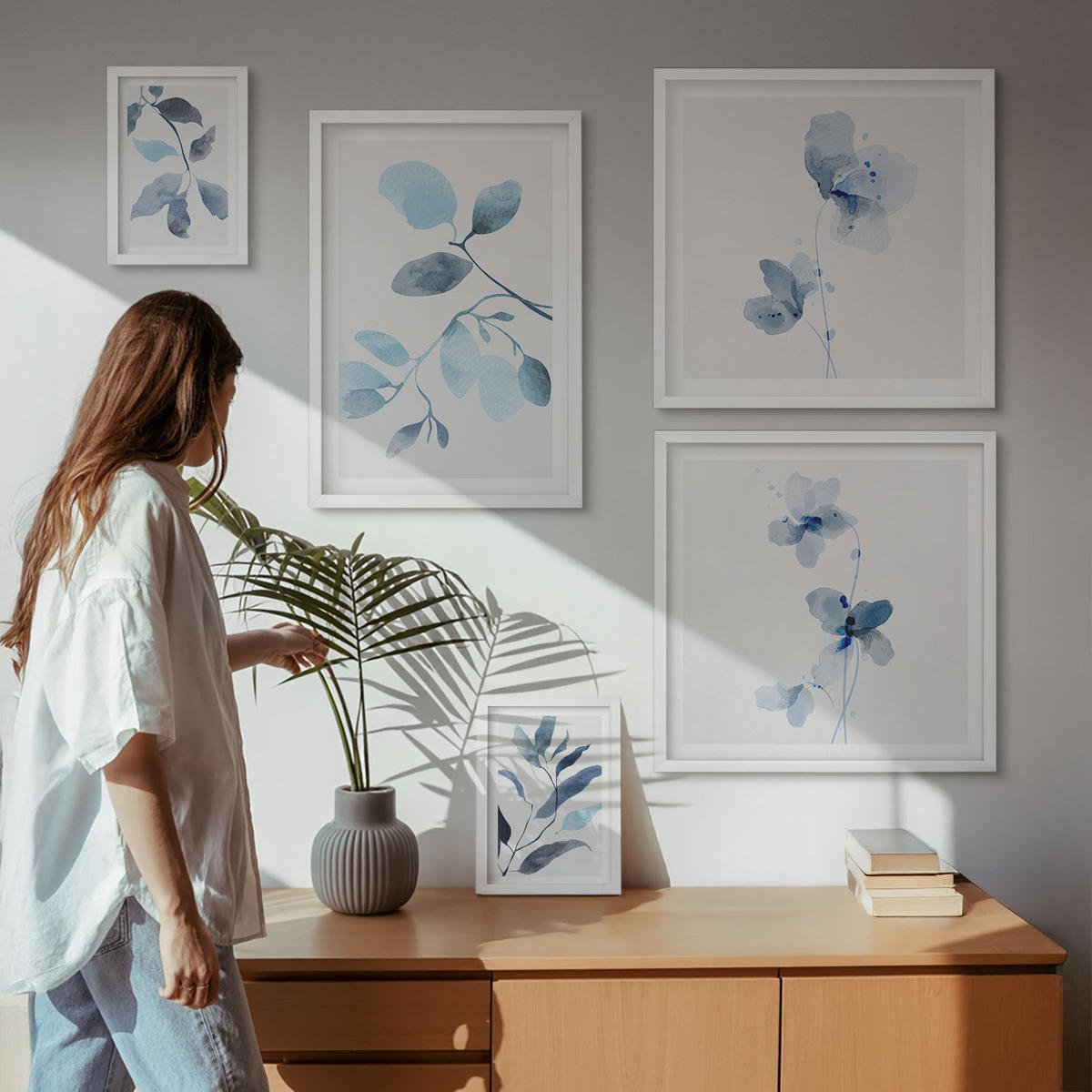 WANDBILDER 5er-Set - 50x50 cm & 20x30 cm & 40x60 cm Weißer Rahmen - Aquarell von blauen Blättern - Weiß, Kunststoff (40/60cm) - ArtPrintCave