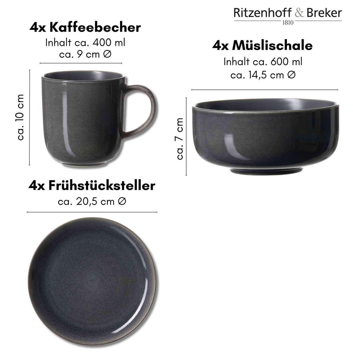 FRÜHSTÜCKS-SET Toledo grau 12er Set - Grau, Keramik (1/1/1cm) - Ritzenhoff Breker