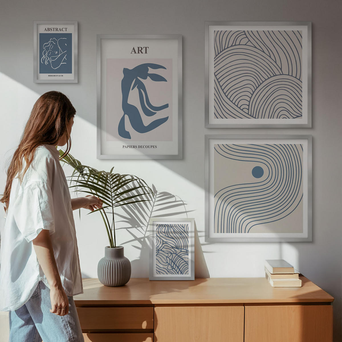BILDER SET 5er Set - 50x50 cm & 20x30 cm & 40x60 cm Silberner Rahmen - Abstrakte blaue Linien - Silberfarben, Kunststoff (40/60cm) - TULUP