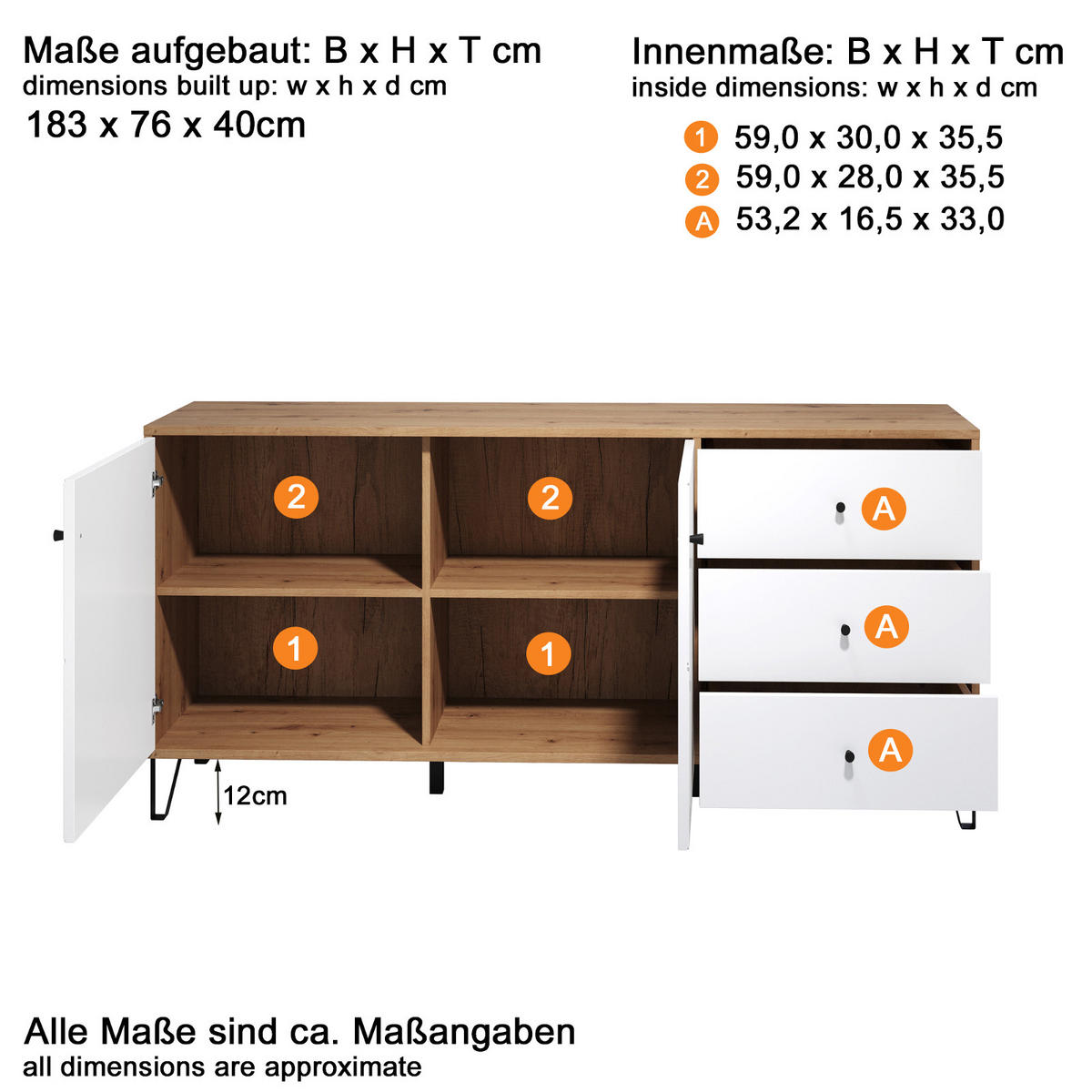 SIDEBOARD weiß matt mit Rautenoptik, Eiche Artisan 183 cm, Kommode mit Soft-Close - Eichefarben/Schwarz, Holzwerkstoff/Kunststoff (183/76/40cm) - Top.Furn