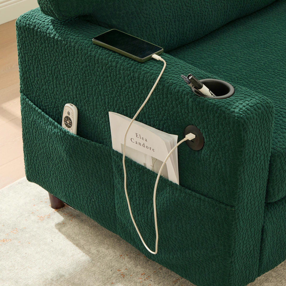 2-SITZER SOFA Chenille Smaragd mit USB-C, LED und Getränkehaltern - Jadegrün, Holzwerkstoff/Textil (203/86/77.5cm) - WISHDOR