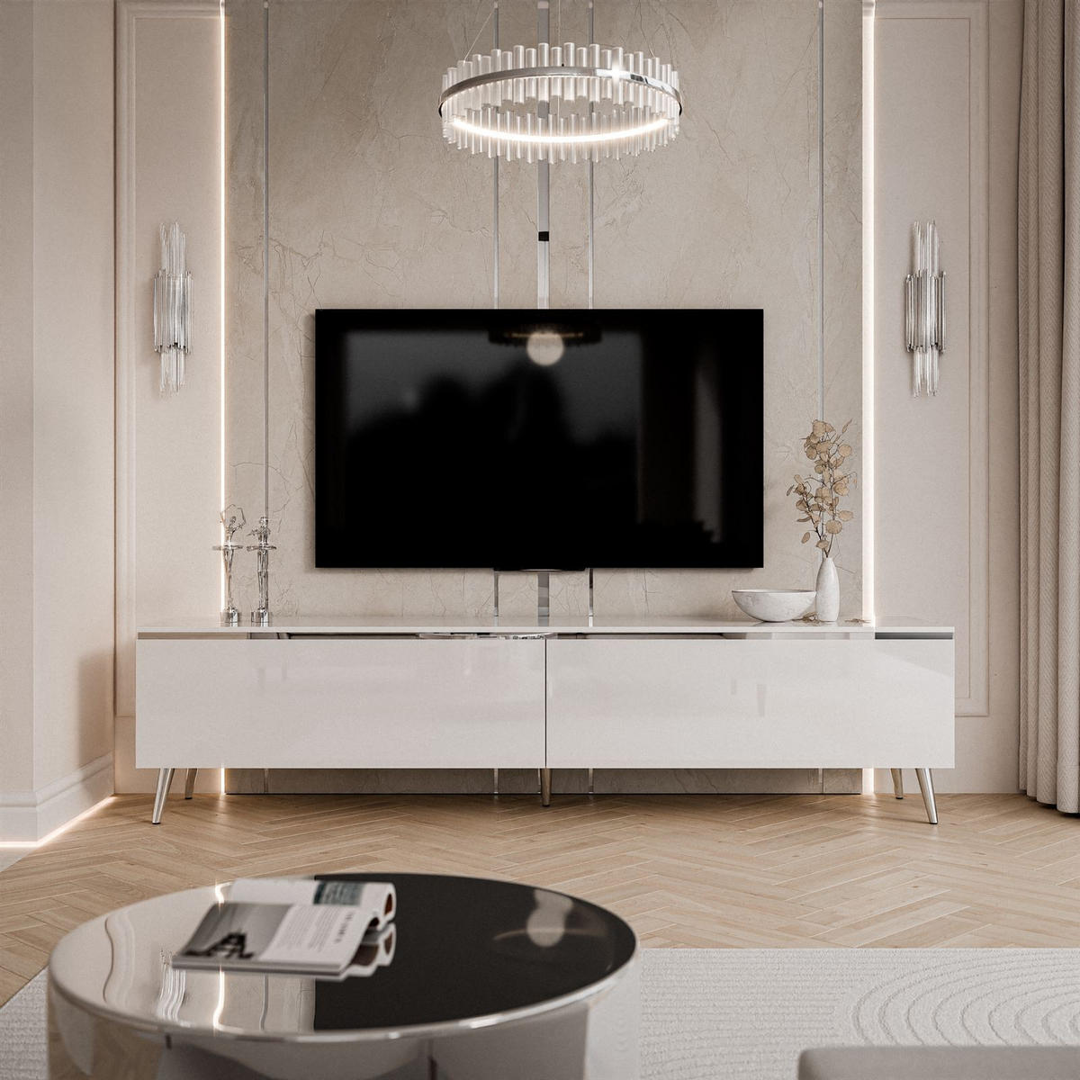TV-SCHRANK AURORA SILVER 180 cm – schräge Chrombeine - Chromfarben/Weiß Hochglanz, Holzwerkstoff/Metall (180/45/40cm) - Lookway