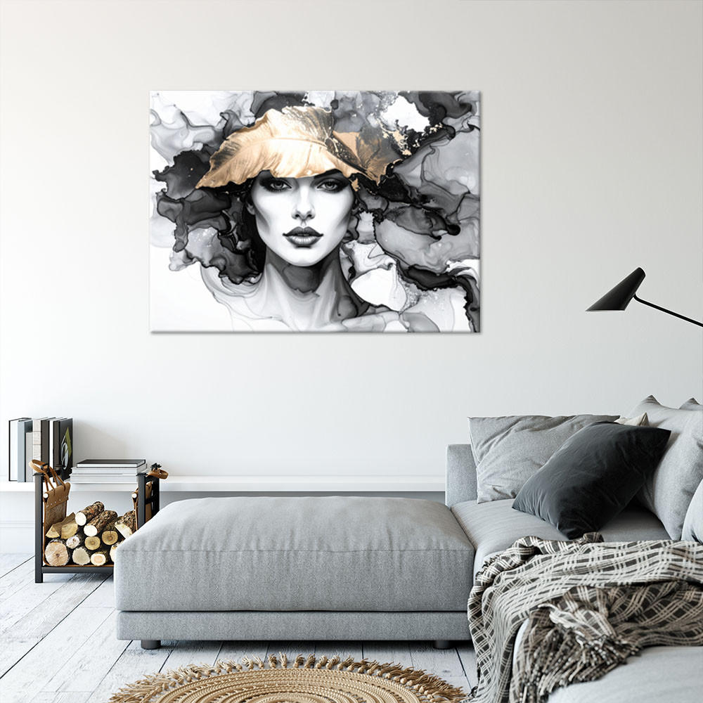 LEINWANDBILD Frau und Blätter auf dem Kopf 90x60cm - Grau, Textil (90/60cm) - Feeby