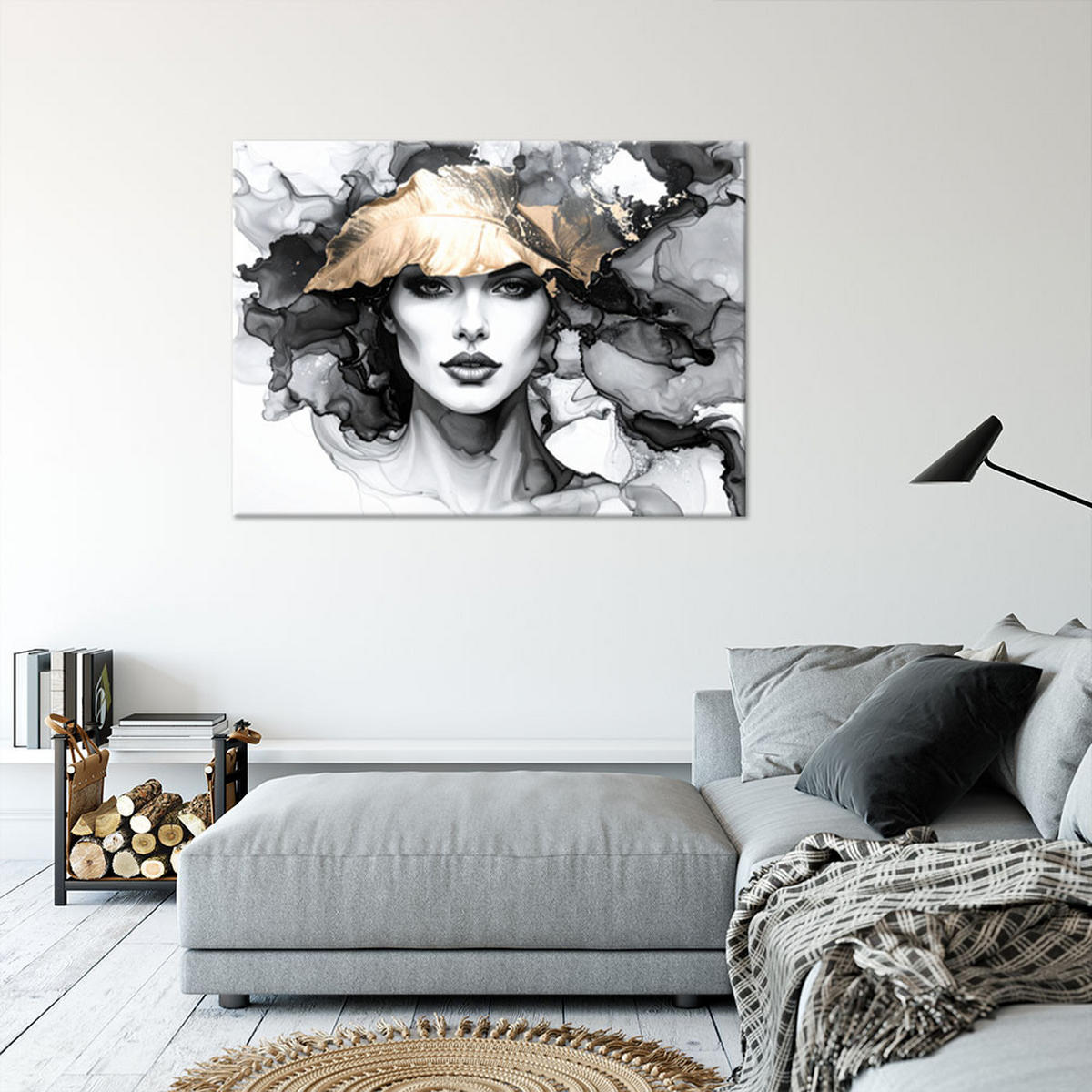 LEINWANDBILD Frau und Blätter auf dem Kopf 90x60cm - Grau, Textil (90/60cm) - Feeby