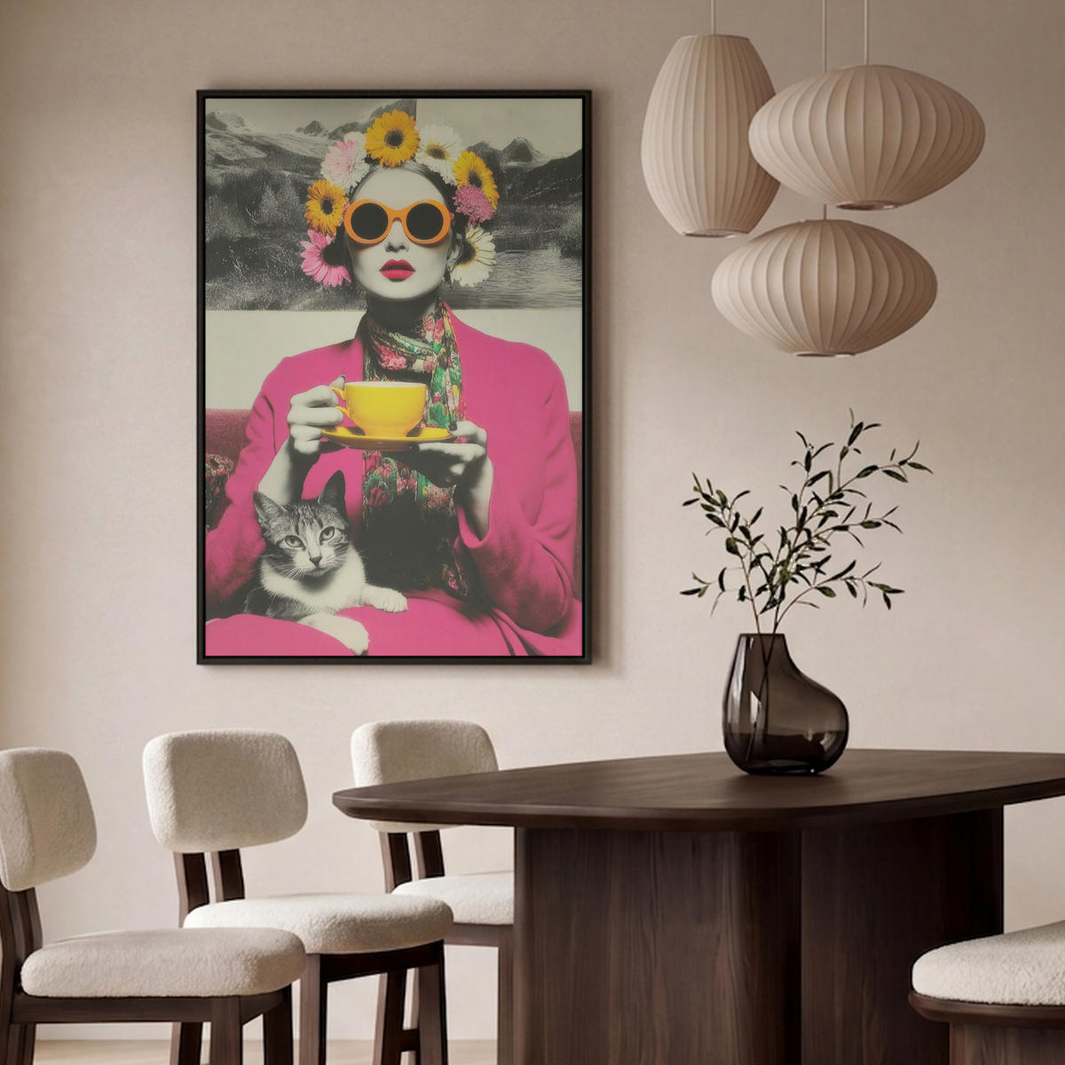 LEINWAND Bilder mit Rahmen - Frau - Katze - Blumen - Tasse - Retro - 80x120 - Magenta, Textil (80/120cm) - MuchoWow
