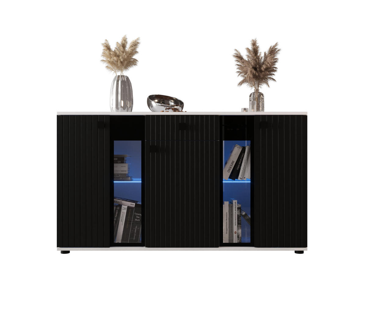 KOMMODE London LSMK LAMELE mit 3 Türen, Sideboard in Farbe: Schwarz|Weiß, Größe: 140 x 80 x 40 cm - Schwarz/Weiß, Holzwerkstoff (140/80/40cm) - O-Sofa