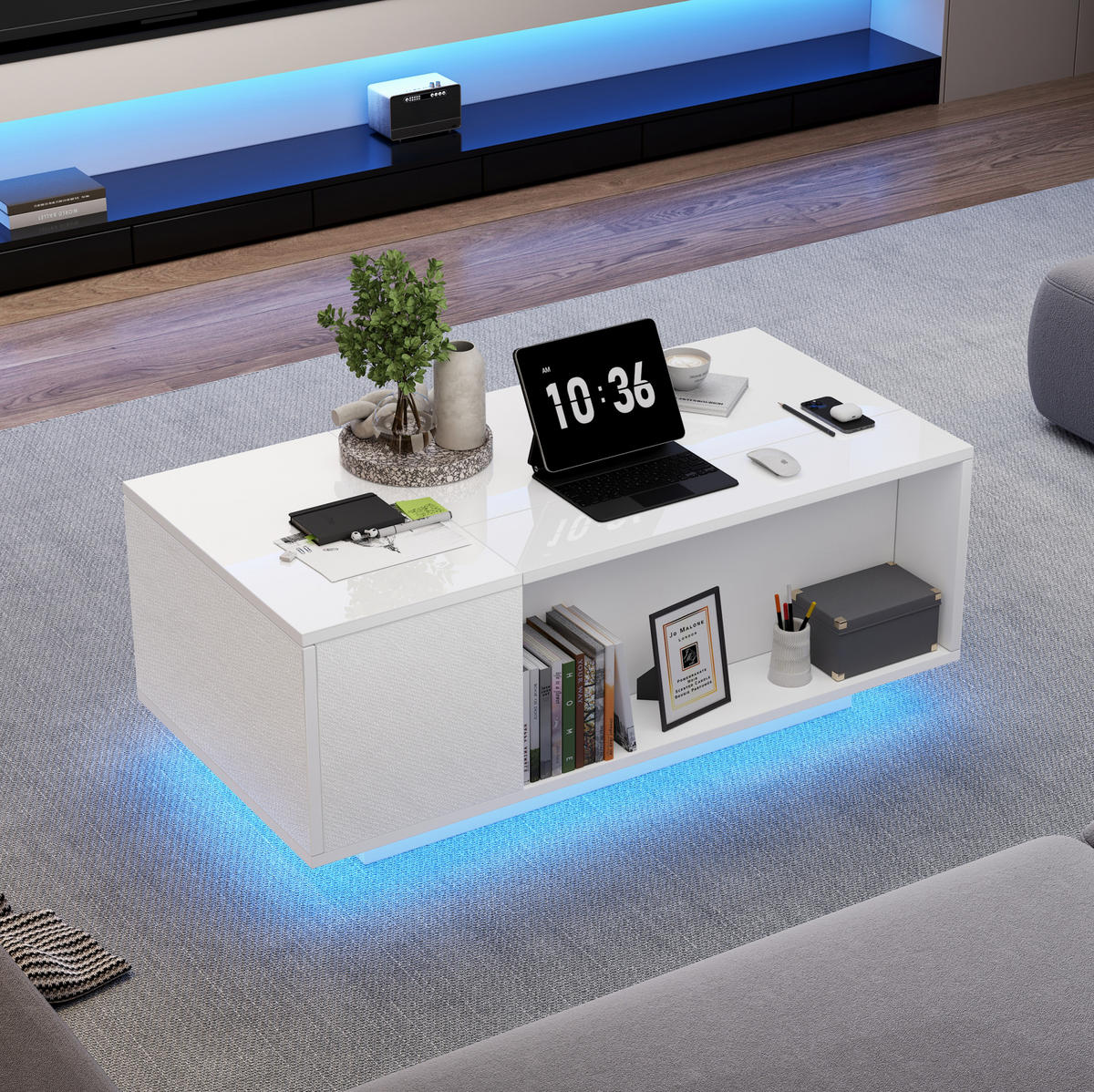 KONFERENČNÍ stolek, 100/50/40 cm bílý, výškově nastavitelný s úložným prostorem a LED - bílá, kompozitní dřevo (100/50/40cm) - BEAOK