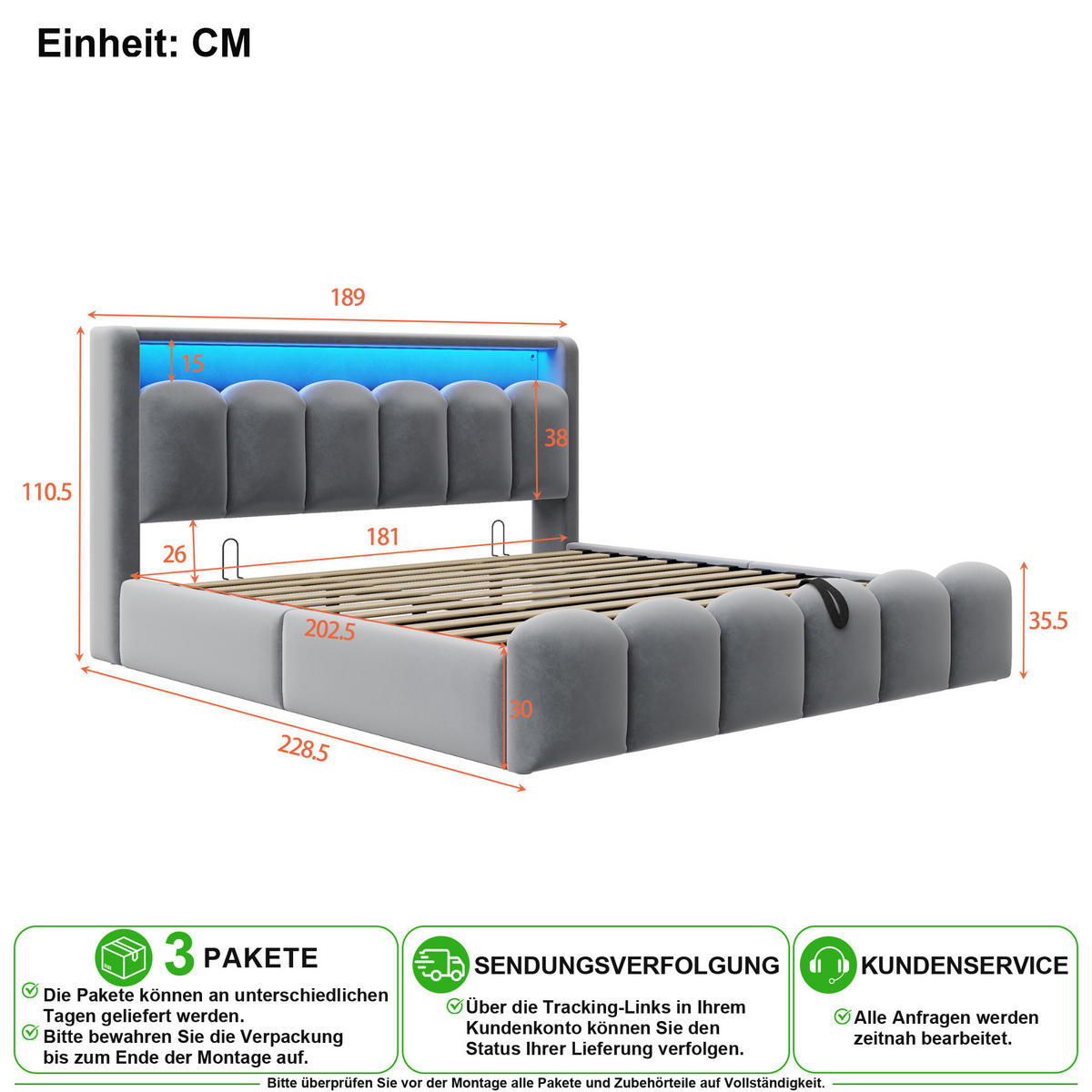 POLSTERBETT 180/200 cm in Grau Samt mit Bettkasten, Kopfteil-Stauraum, LED, USB und Type-C - Grau, Holzwerkstoff/Textil (180/200cm) - CHICFURN