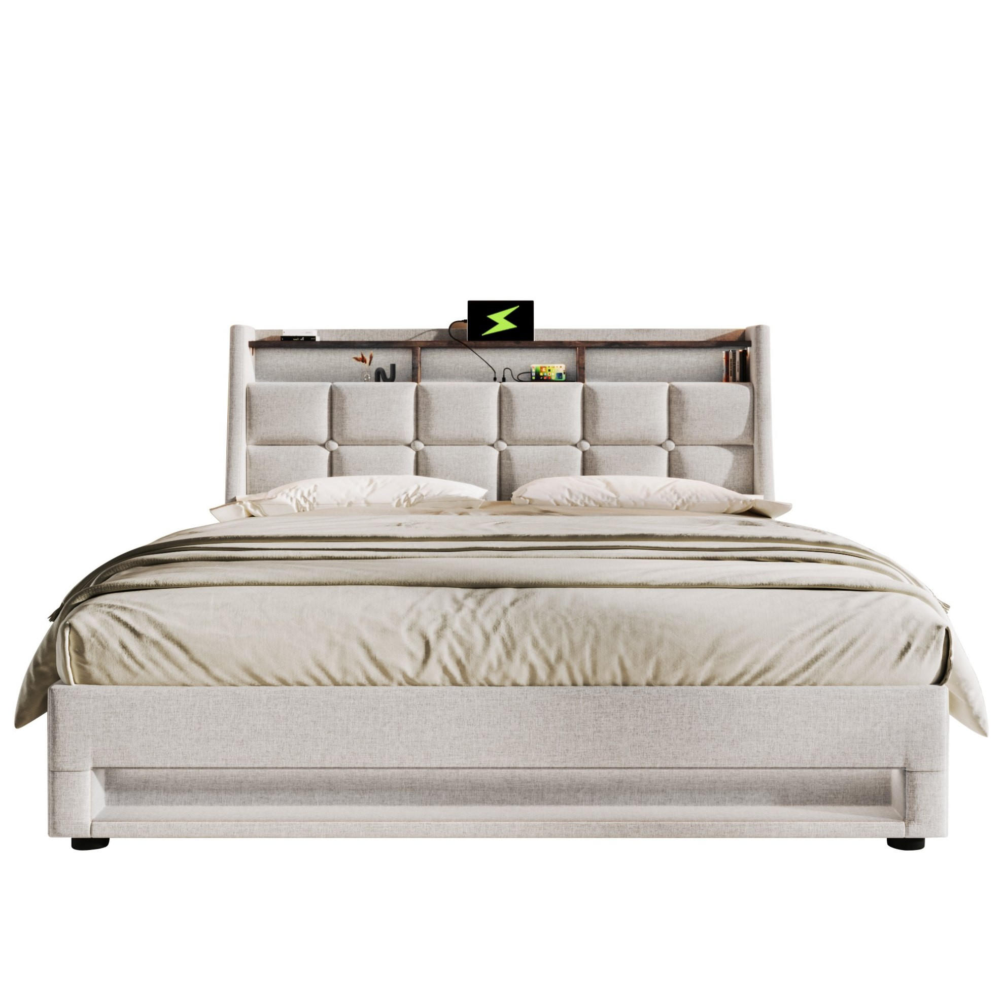 POLSTERBETT mit Stauraum, USB und LED 160x200 cm Leinen Beige - Beige, Metall (160/200cm) - Meubliv