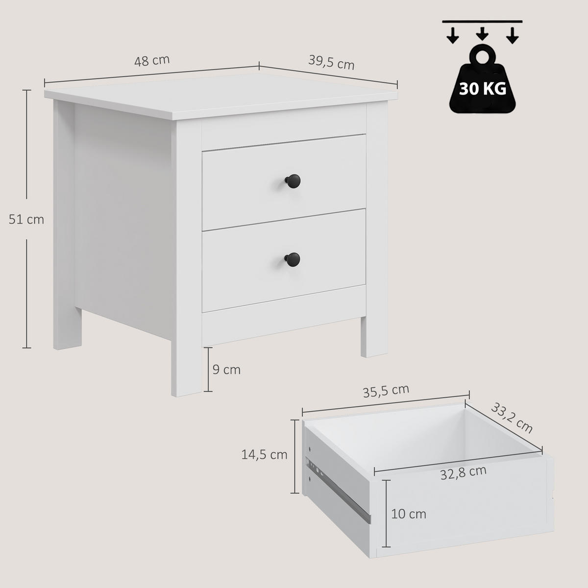 NACHTTISCH MDF Metall Weiß - Weiß/Nickelfarben, Holzwerkstoff/Kunststoff (39.5/51/48cm) - HOMCOM