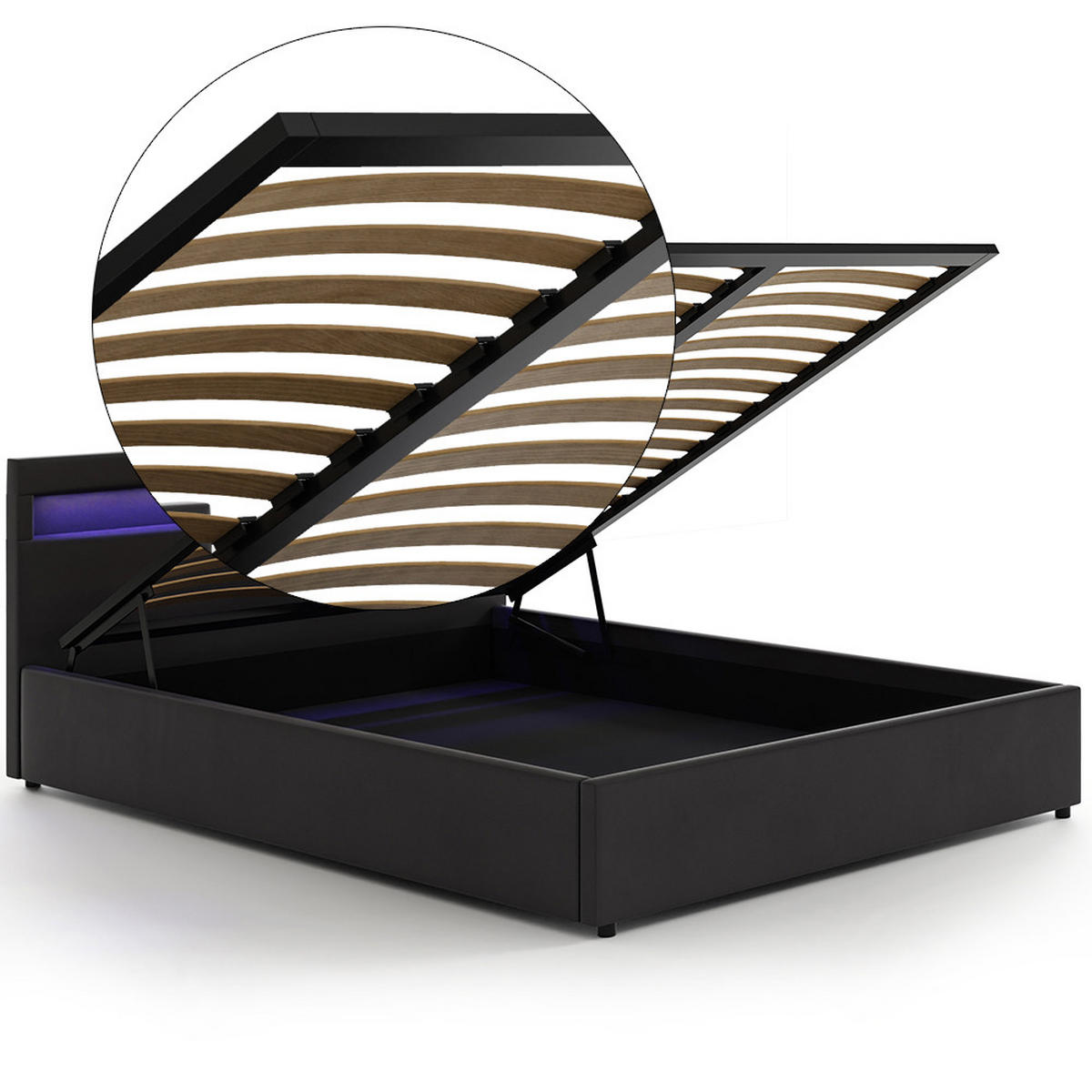 POLSTERBETT 140×200 mit Bettkasten und Lattenrost Nira Öko-Leder schwarz LED - Schwarz, Holz (140/200cm) - Jana