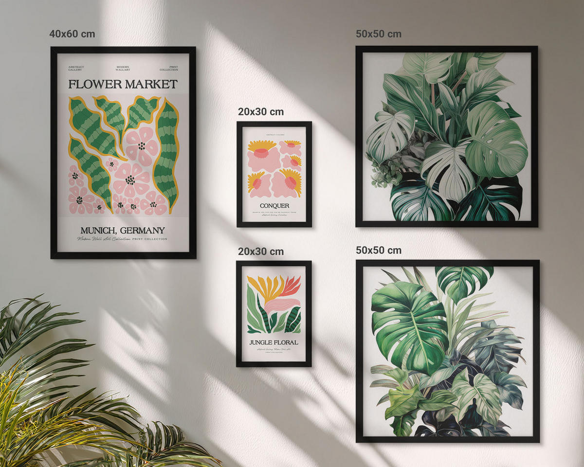 BILDER SET 5er Set - 50x50 cm & 20x30 cm & 40x60 cm Schwarzer Rahmen - Blumen und Blätter – moderne Poster - Schwarz, Kunststoff (40/60cm) - TULUP