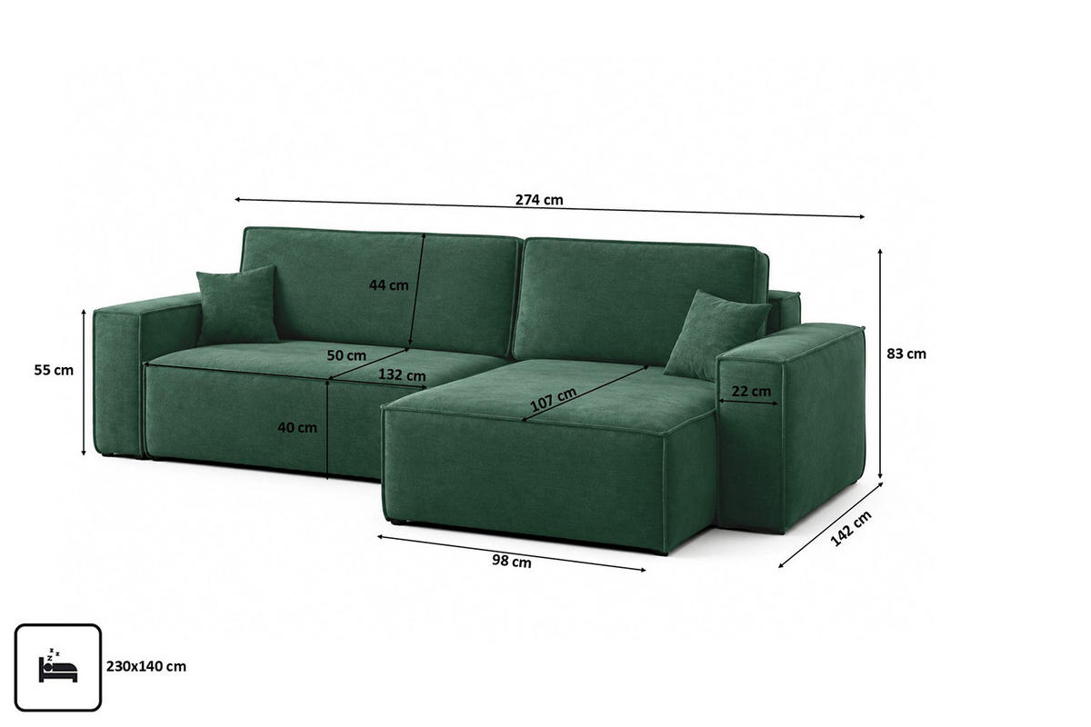 ECKSOFA L-Form Mit Schlaffunktion Und Bettkasten, Veloursstoff Bluvel, Grün, Rechts, BEST XL - Grün, Holz (274/142cm) - Kaiser Möbel