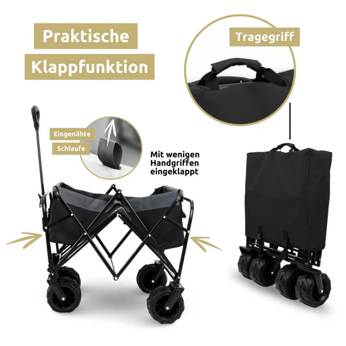 BOLLERWAGEN faltbar CALLI Extra Breite Reifen Schwarz - Schwarz, Metall (100/100/60cm) - DELUKE