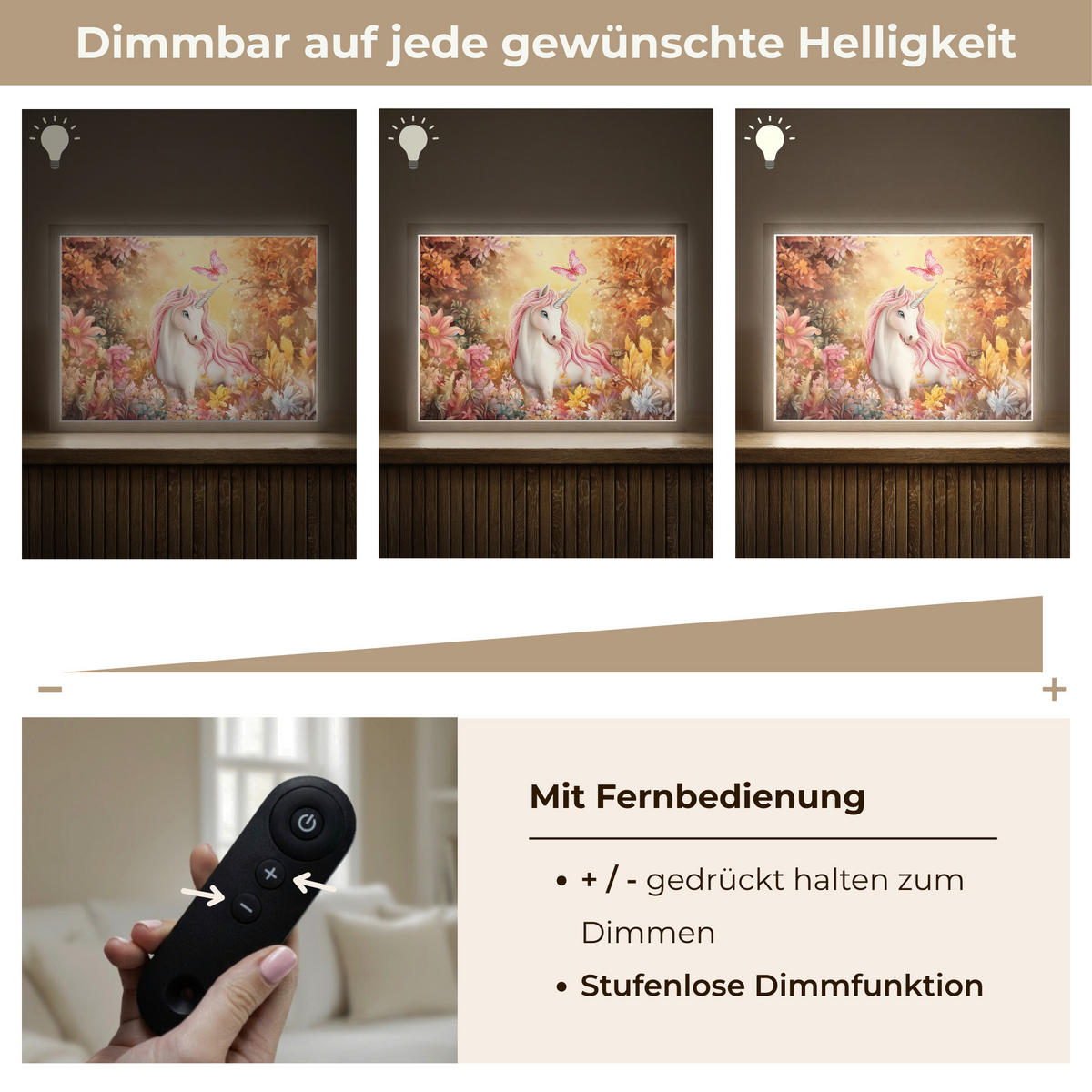 NÁSTĚNNÁ LAMPA S AKUMULÁTOREM Jednorožec - Květiny - Motýl - Růžová 40x30 cm - béžová, kompozitní dřevo (40/30/8cm) - OnlyWow