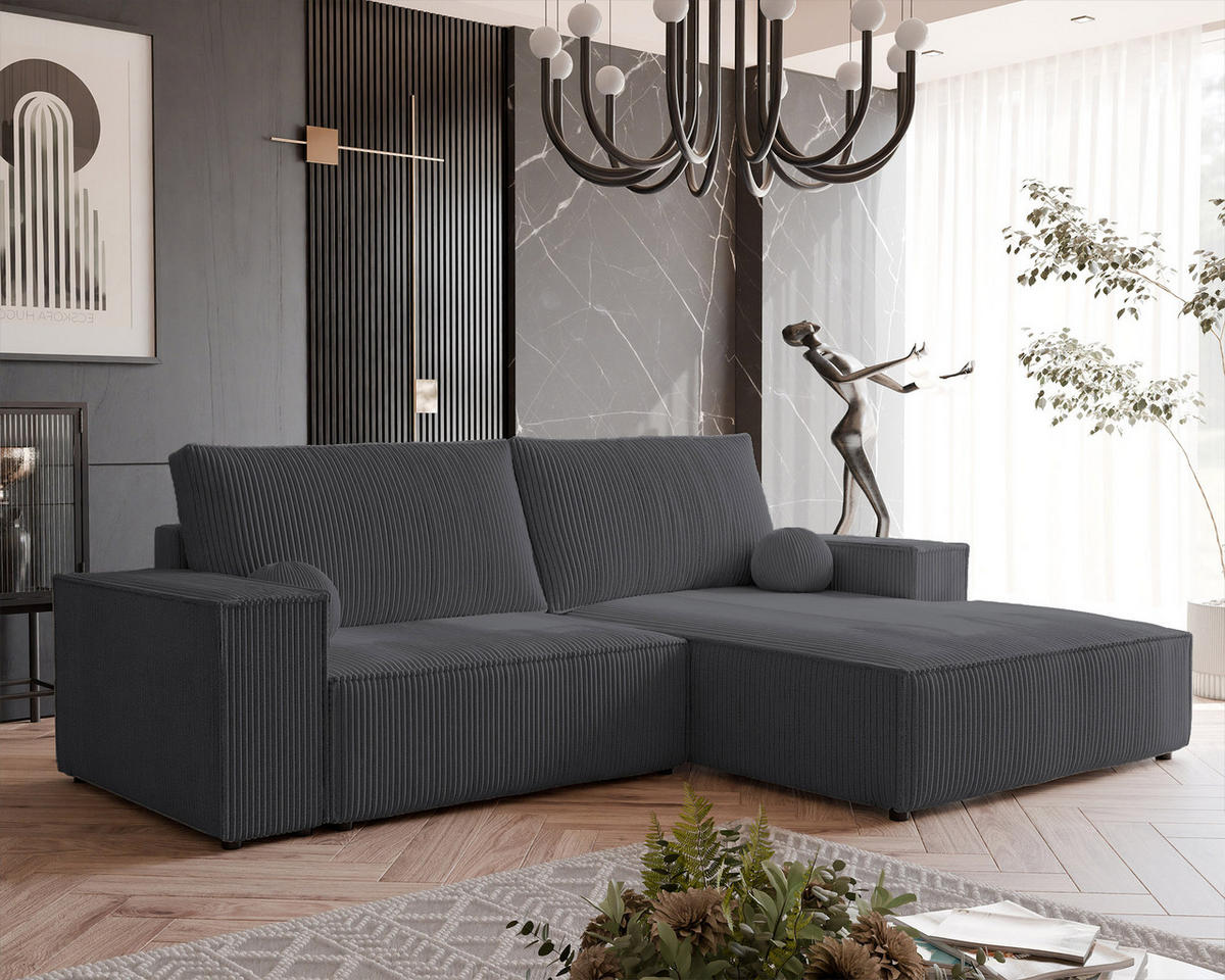 ECKSOFA HUGO Rechts, mit Schlaffunktion und Bettkasten, Dunkelgrau - Dunkelgrau, Textil (255/148cm) - Idohome