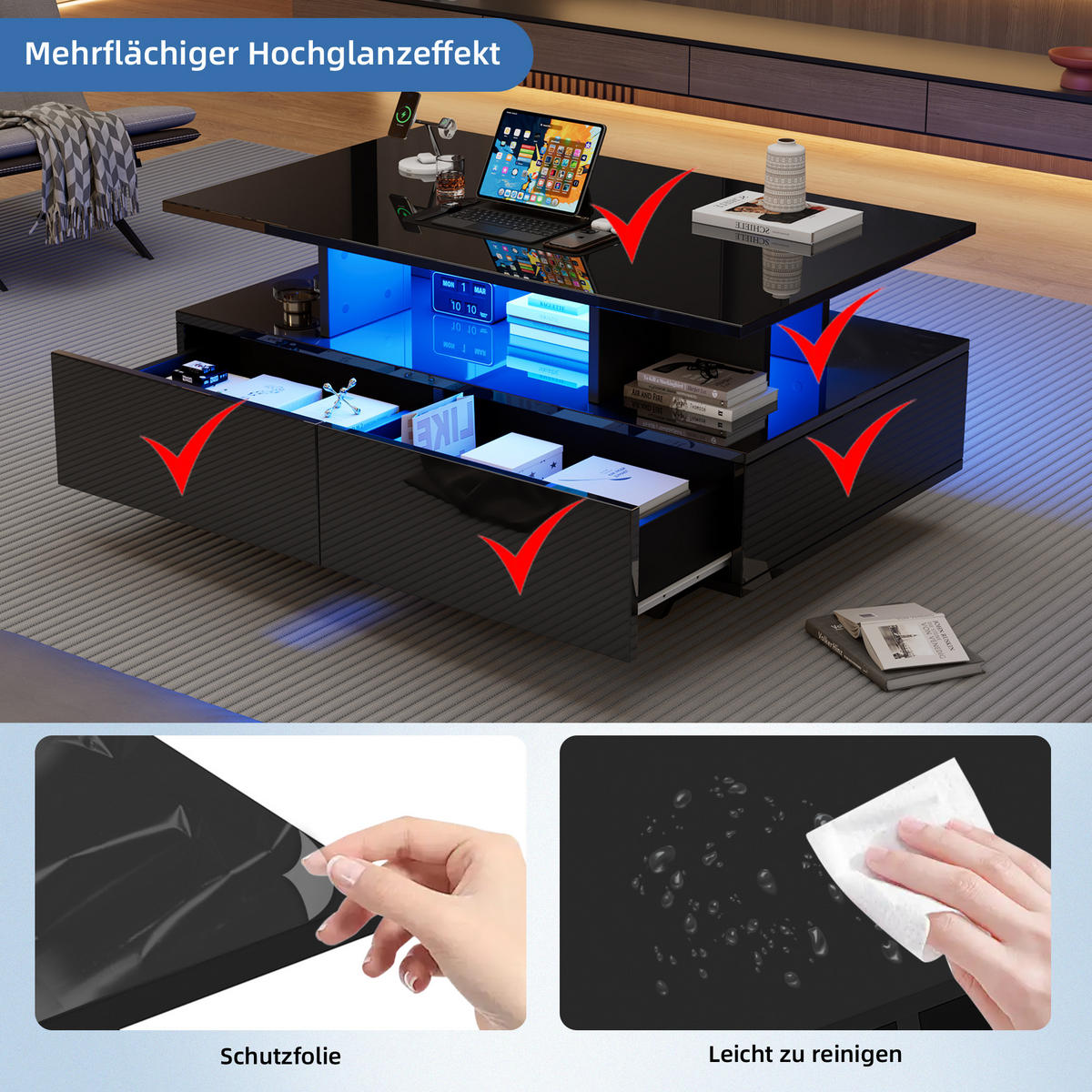 COUCHTISCH DE-019 LumaLED Schwarz - Schwarz, Holzwerkstoff (55/90/41cm) - ComfortXL