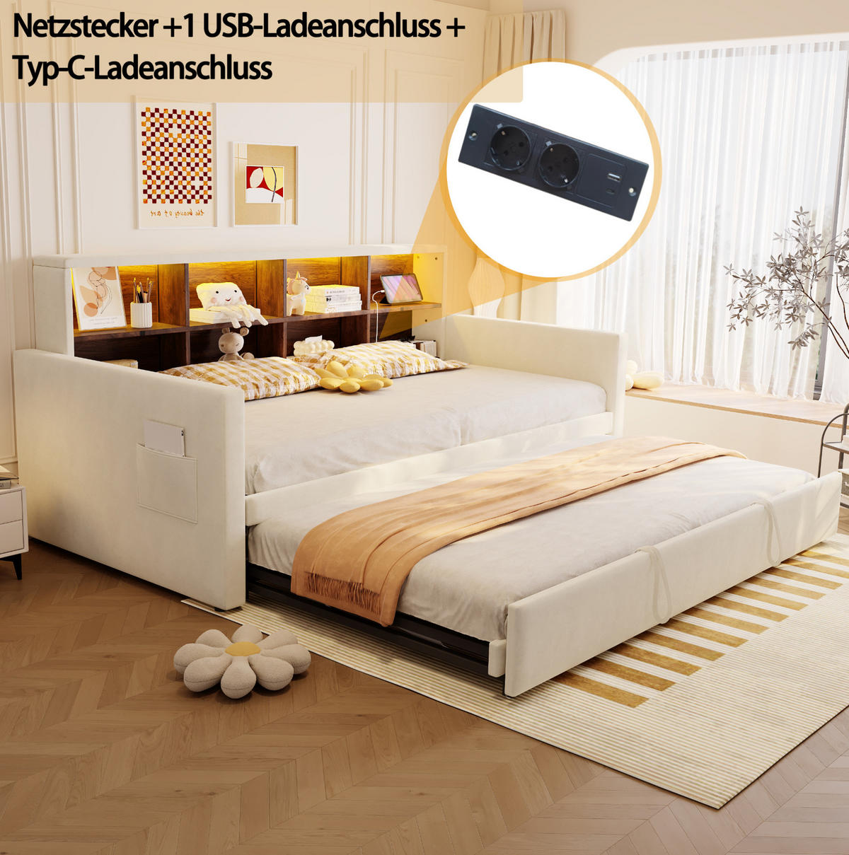POLSTERBETT mit LED-Beleuchtung 90/190 cm mit Ausziehbett und Stauraum - Beige, Textil (90/190cm) - BEAOK