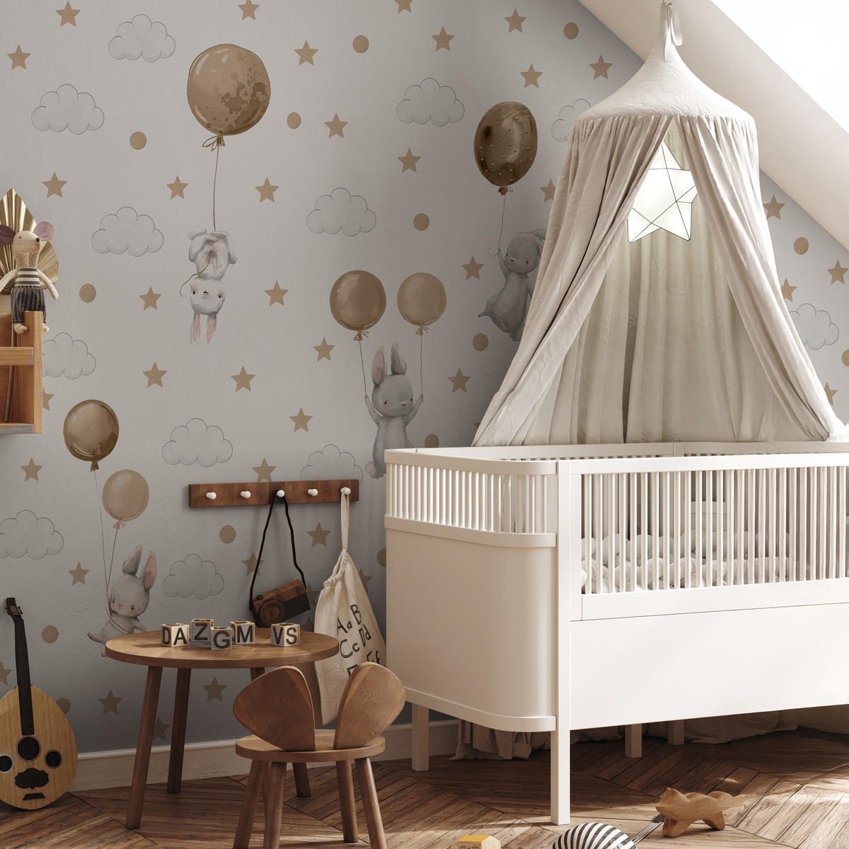 WANDAUFKLEBER SET Hasen Ballons Wolken Sterne 120x60 - Beige/Braun, Papier (120/60/1cm) - Muralo