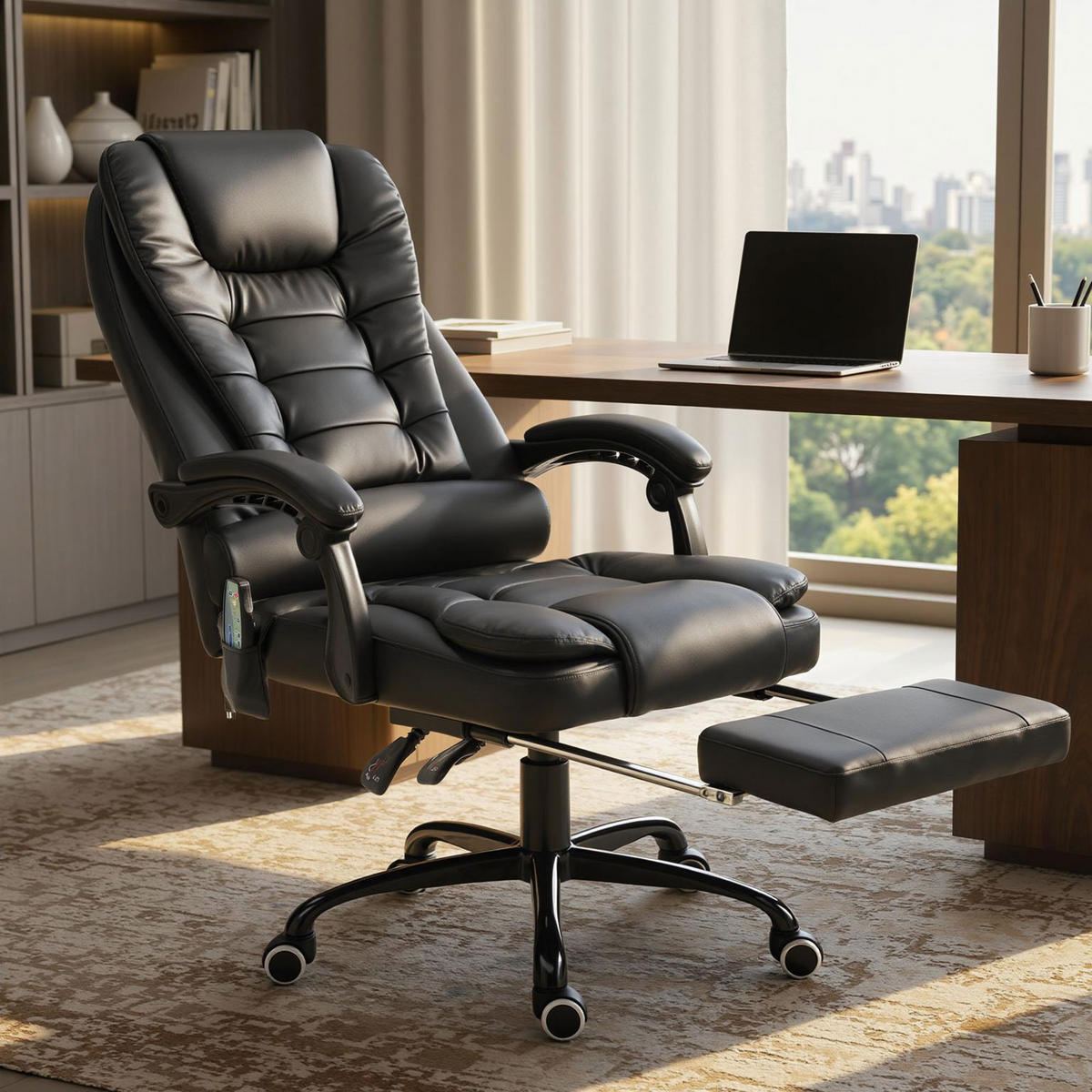 MASSAGESESSEL Chefsessel mit Fußstütze Rückenpolster einstellbar PVC Schwarz - Schwarz, Kunststoff/Metall (79/121/67cm) - Vinsetto