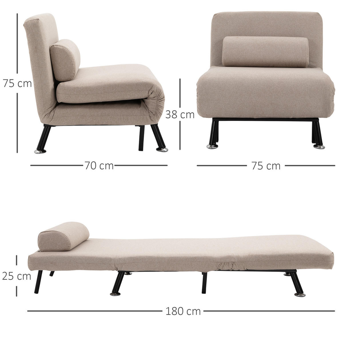 SCHLAFSESSEL mit Bettfunktion, Beige - Beige, Textil (75/75/70cm) - HOMCOM