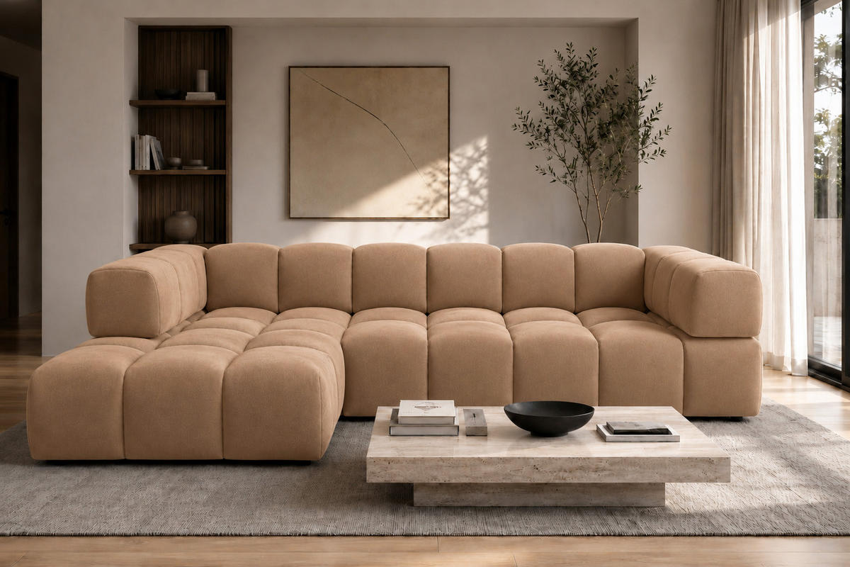 ECKSOFA L-Form, Veloursstoff Bluvel, Latte, Links, Averro XL - Cappuccino, Holz (320/150cm) - Kaiser Möbel