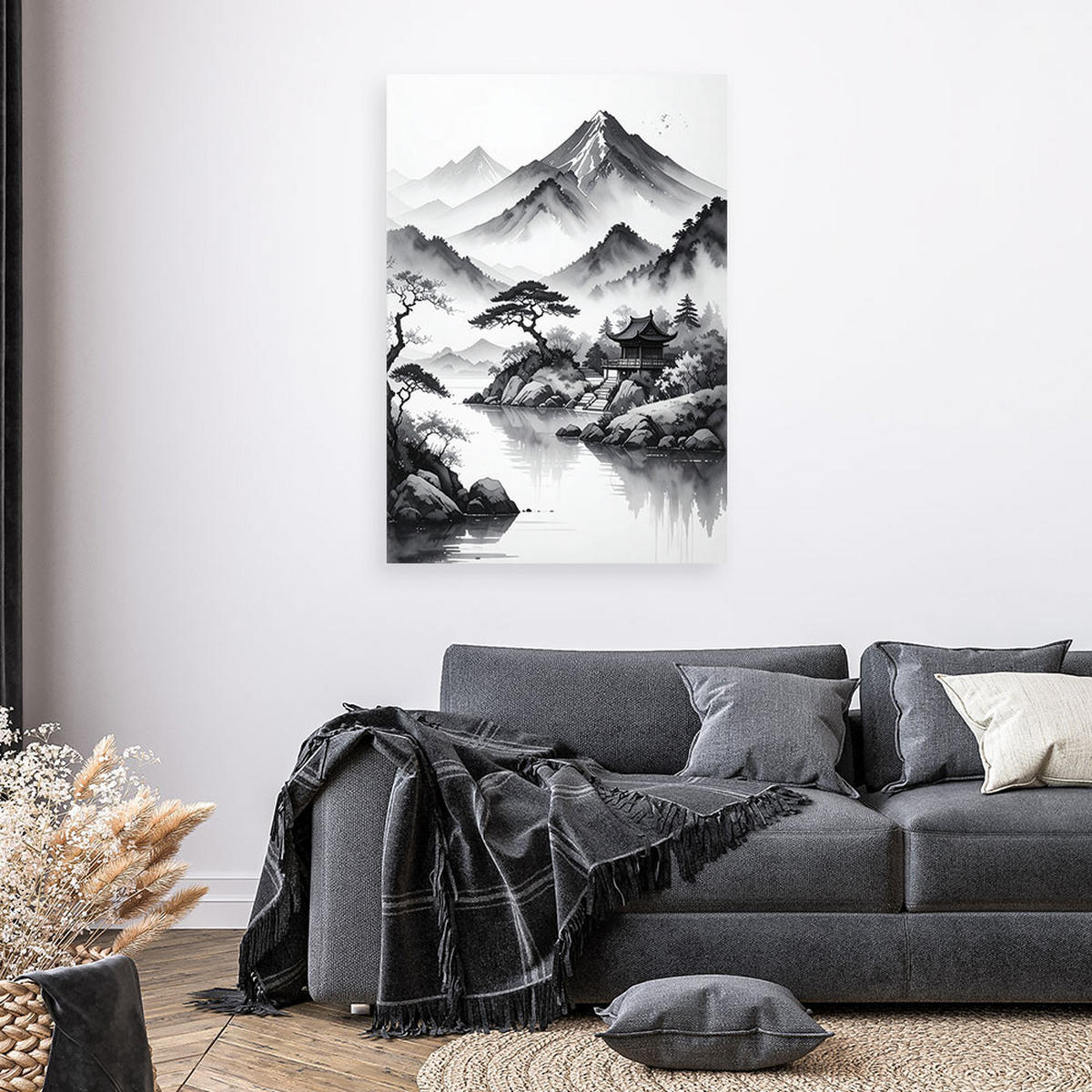 LEINWANDBILD Japanische Landschaft gemalt mit Tinte 60x90cm - Schwarz, Textil (60/90cm) - Feeby
