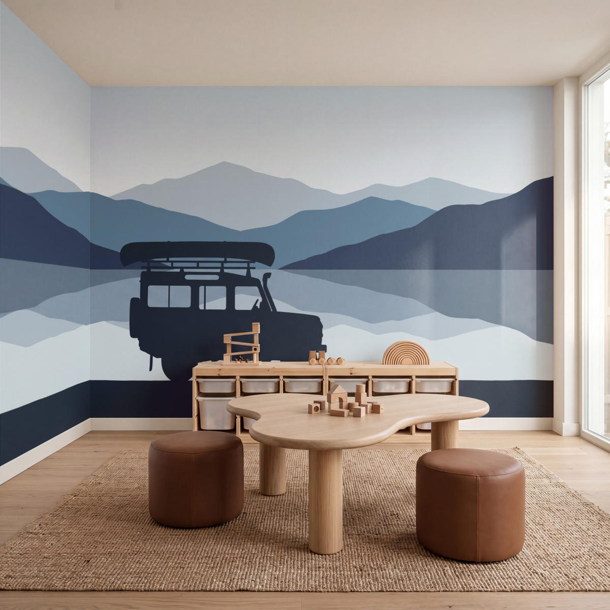 KINDERTAPETE - Auto - See - Berge - Blau - 450x200 cm - Blaugrau, Papier (450/200cm) - OnlyWow