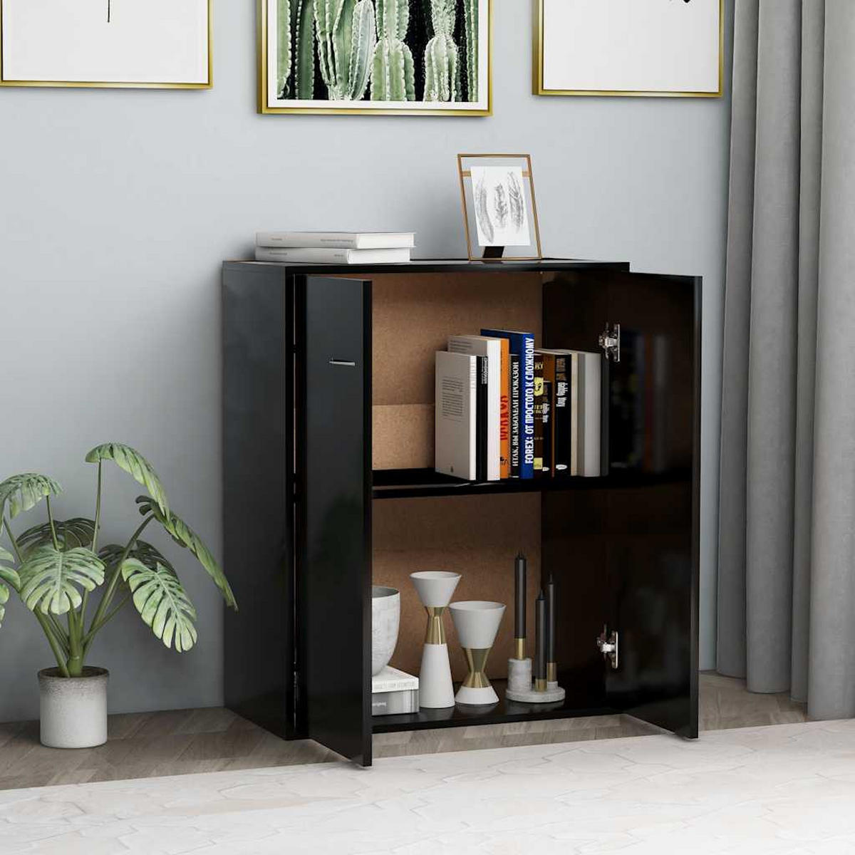 SIDEBOARD mit 1 Schublade, 2 Türen 60/36/75 cm aus Holzwerkstoff Schwarz - Silberfarben/Schwarz, Holz/Metall (60/75/30cm) - vidaXL