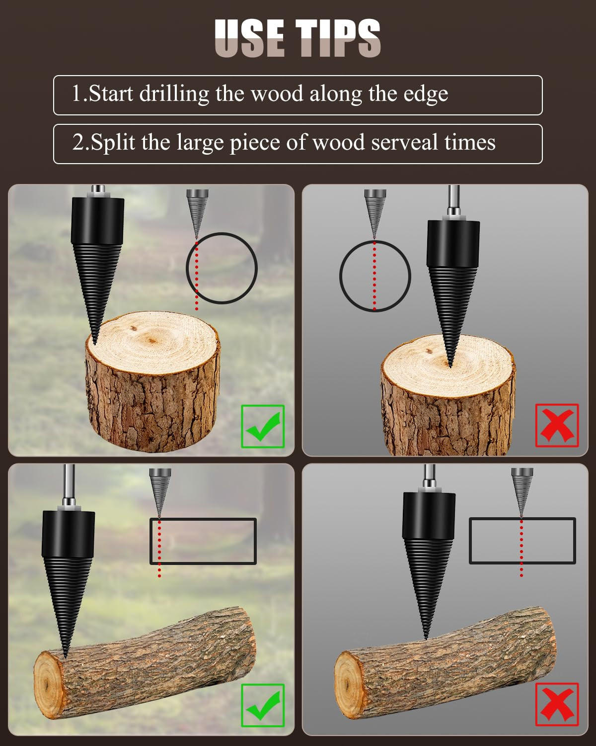 STECHBEITEL – zum Spalten von Holz – 42 mm + 32 mm + 4 Handbohrschrauben - Schwarz, Metall (9/4.2/1cm) - DCA