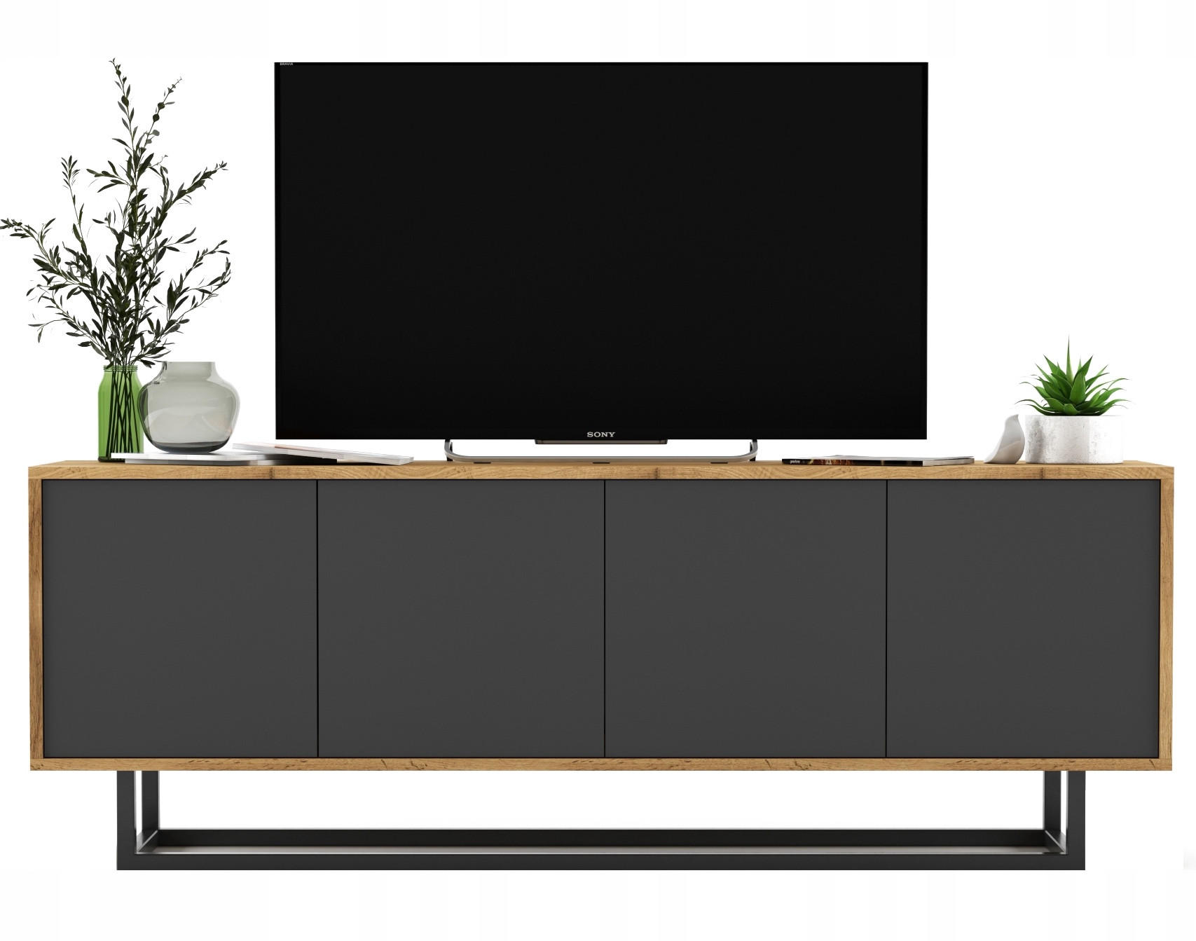 Meble Lindner TV stolek Apollo2 dub Wotan / grafit matný 150 cm s kovovým rámem
