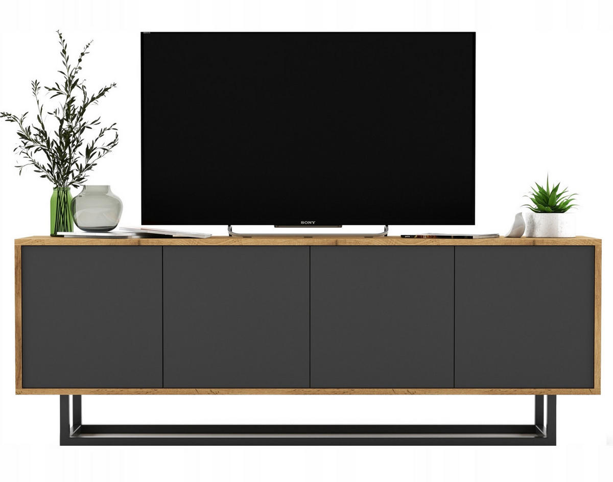 TV-SCHRANK Apollo2 Eiche wotan Graphit Matt 150/53/35 cm - Graphitfarben/Schwarz, Holzwerkstoff/Metall (150/53/35cm) - Meble Lindner