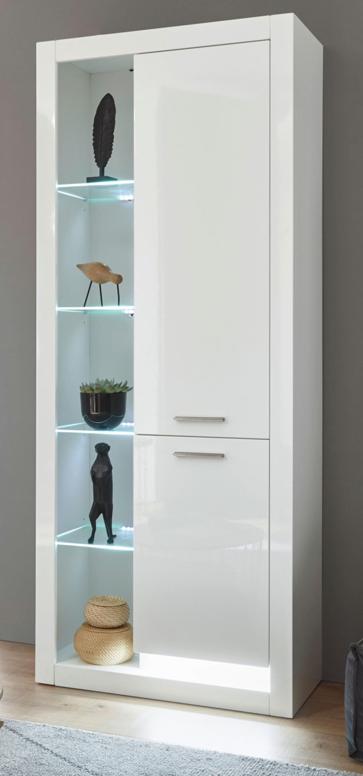 VITRINE weiß Hochglanz 80 x 195 cm, Vitrinenschrank mit 10 Fächern - Weiß Hochglanz/Silberfarben, Glas/Holzwerkstoff (80/195/37cm) - Furn.Design