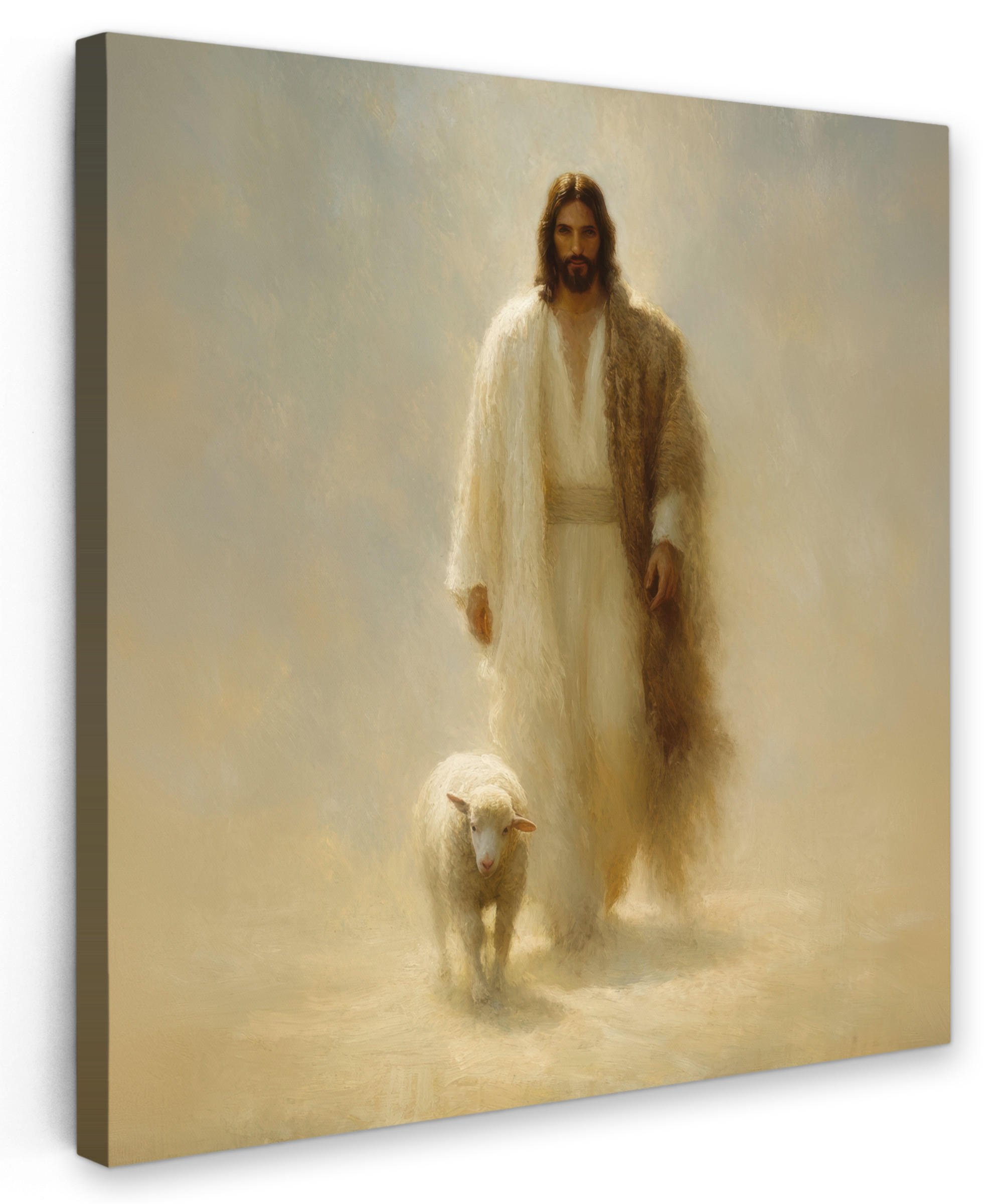 LEINWANDBILD Schaf - Jesus - Pinselstriche - Abstrakt Wandbild Wohnzimmer 50x50 cm - Sandfarben, Textil (50/50cm) - MuchoWow