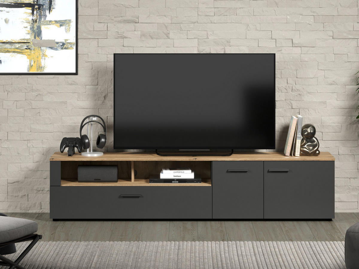 TV-LOWBOARD grau Evoke Eiche 210 x 43 cm, XL TV Unterteil mit viel Stauraum - Eichefarben/Schwarz, Holzwerkstoff/Kunststoff (210/43/41cm) - Top.Furn