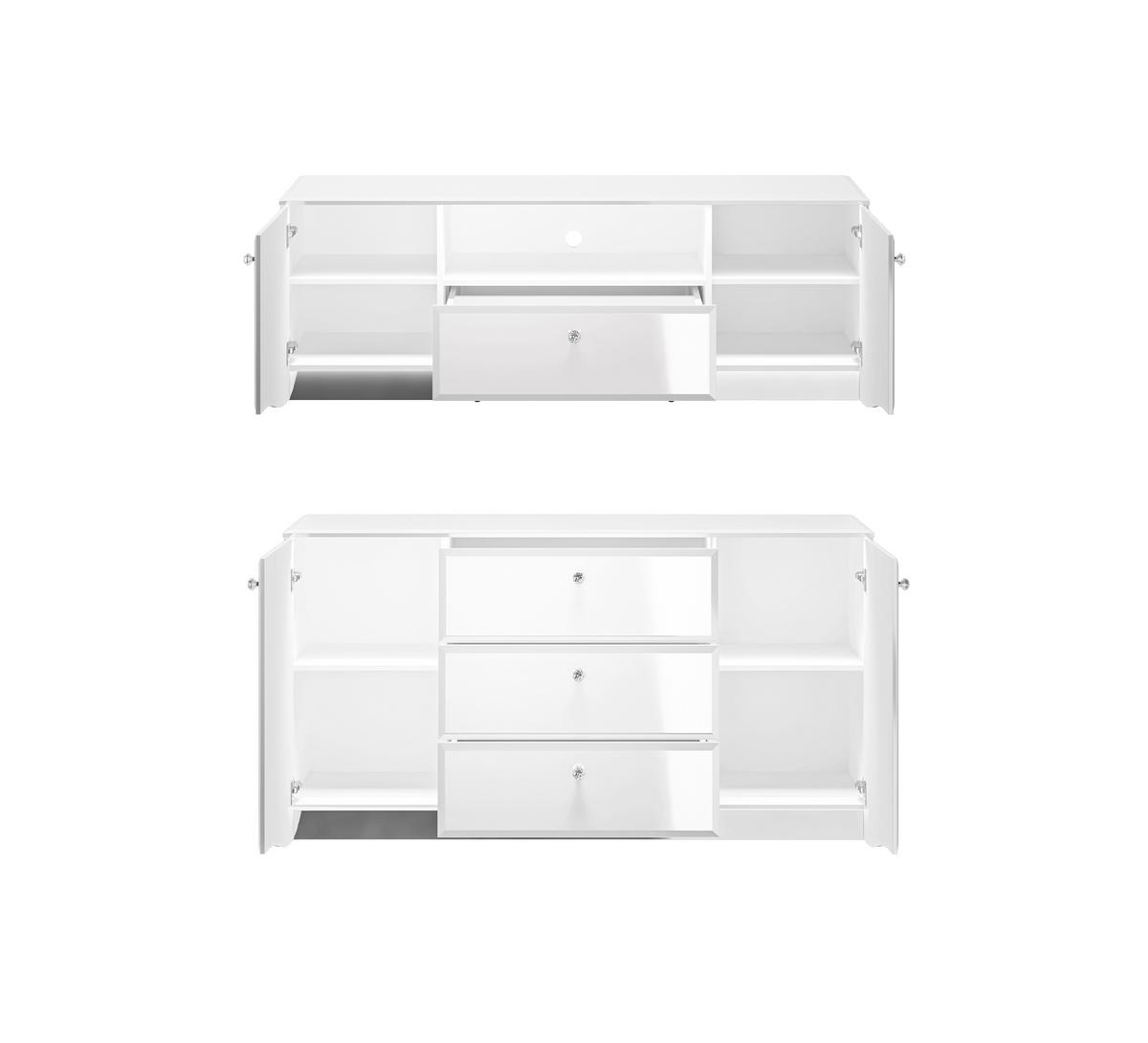 WOHNZIMMER-SET Glamour weiß / weiß hochglanz 2-teilig - Weiß Hochglanz/Weiß, Glas/Holz (320/85/41cm) - Feldmann-Wohnen