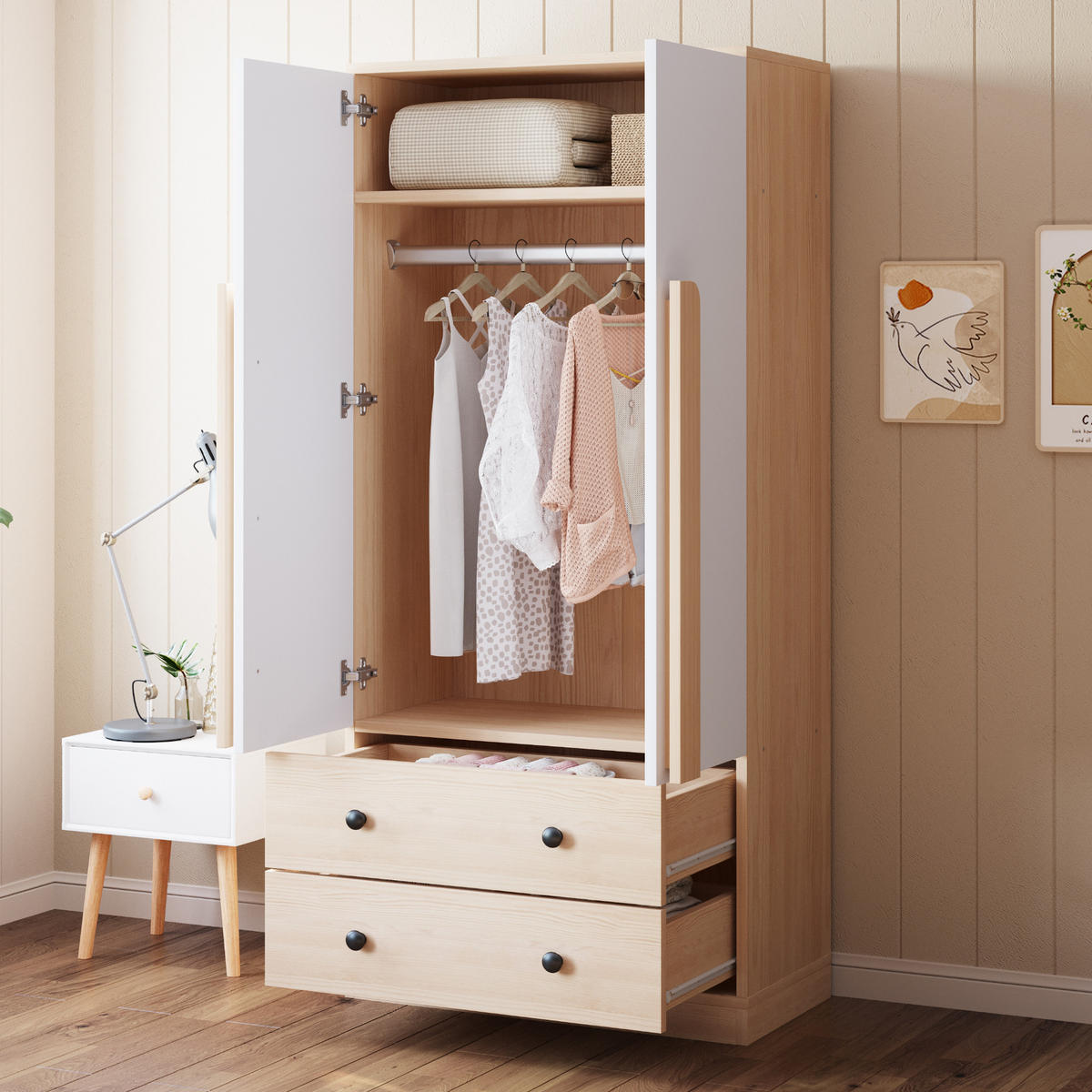 KLEIDERSCHRANK in Naturfarben mit Schubladen für Schlafzimmer und Wohnzimmer, B70/T40/H170 cm - Naturfarben/Weiß, Holzwerkstoff/Metall (70/170/40cm) - STILVORA