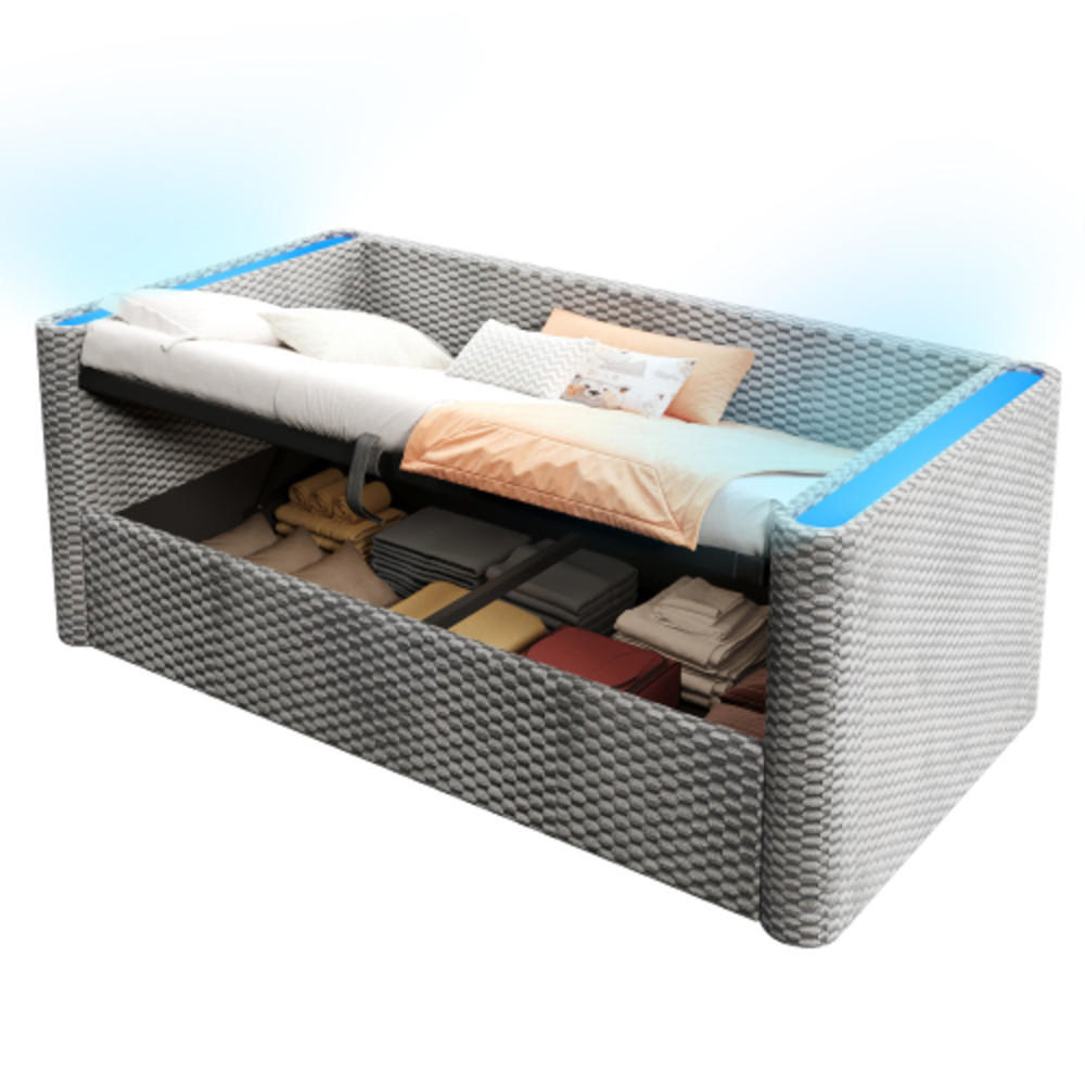 SCHLAFSOFA 90 × 200 cm aus Samt mit hydraulischem Stauraum und App-steuerbarer LED-Leiste, grau - Grau, Textil (104/64/228cm) - Luhomfu