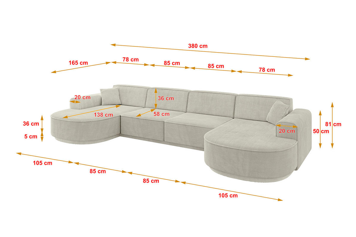 WOHNLANDSCHAFT MARI-U2-v3 - 380x163x81 cm Hellgrau Cord - Hellgrau/Schwarz, Holzwerkstoff/Kunststoff (380/81/163cm) - ALTDECOR