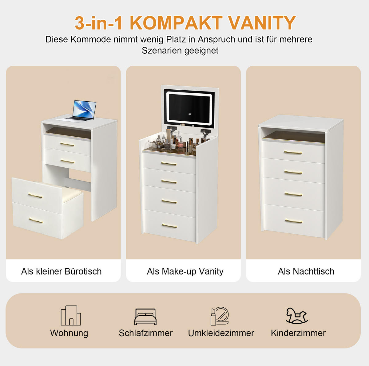 SCHMINKTISCH 40/60/118 cm Weiß aus MDF mit Klappspiegel - Weiß, Holzwerkstoff (40/118/60cm) - OKWISH