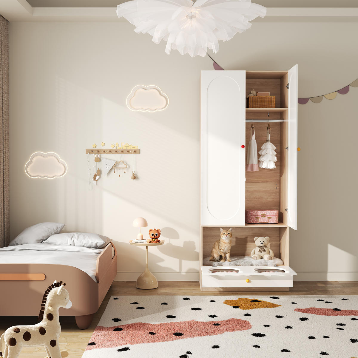 GARDEROBENSCHRANK mit Tierdurchgang Bett Stauraum MDF 80/50/200 cm Weiß Holzfarben - Weiß, Keramik/Holzwerkstoff (80/200/50cm) - EVRYAE