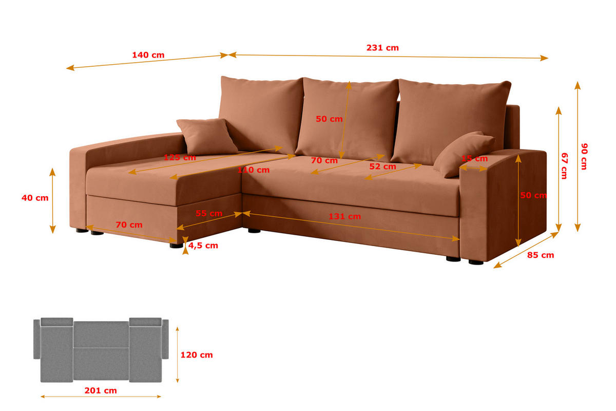 ECKSOFA mit Schlaffunktion und Bettkasten ALESIA-L 231x140x90 cm Koralle Velours - Koralle/Silberfarben, Holzwerkstoff/Kunststoff (231/140cm) - ALTDECOR
