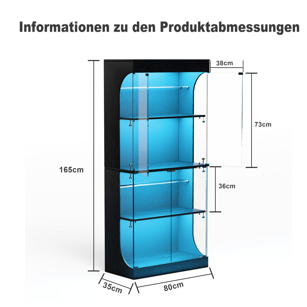 VITRINE aus Glas und Spanplatte 80x35x165 cm Schwarz mit LED-Beleuchtung, USB-/Type-C-Ladestation und Bewegungssensor - Schwarz, Glas (80/165/35cm) - Modfu